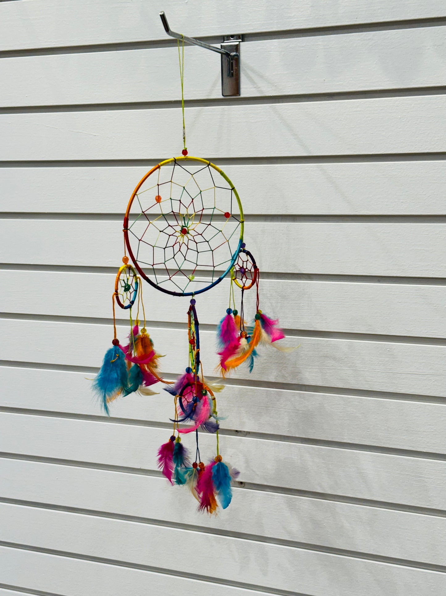 Chakra Leather Dreamcatcher Faceted Beaded Rainbow and Colorful Feathers