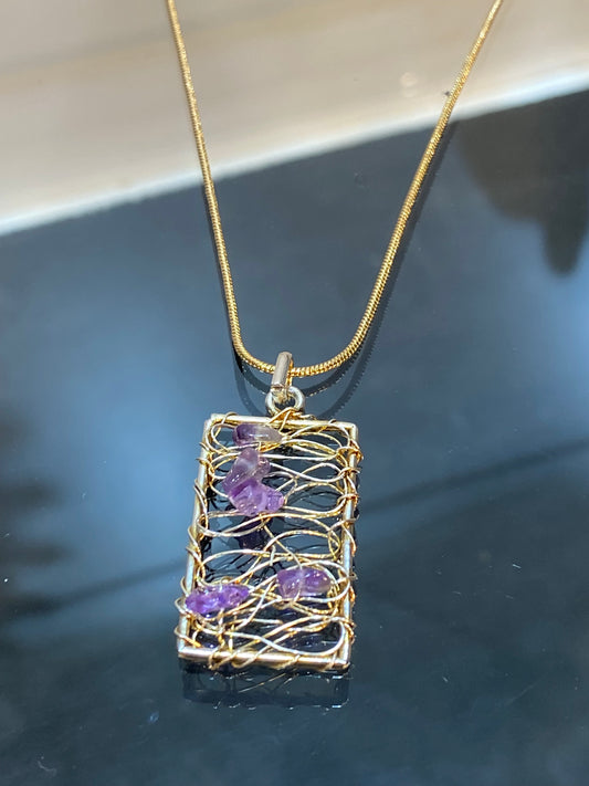 Wire Wrapped Amethyst Chips Pendant with Gold Plated Necklace