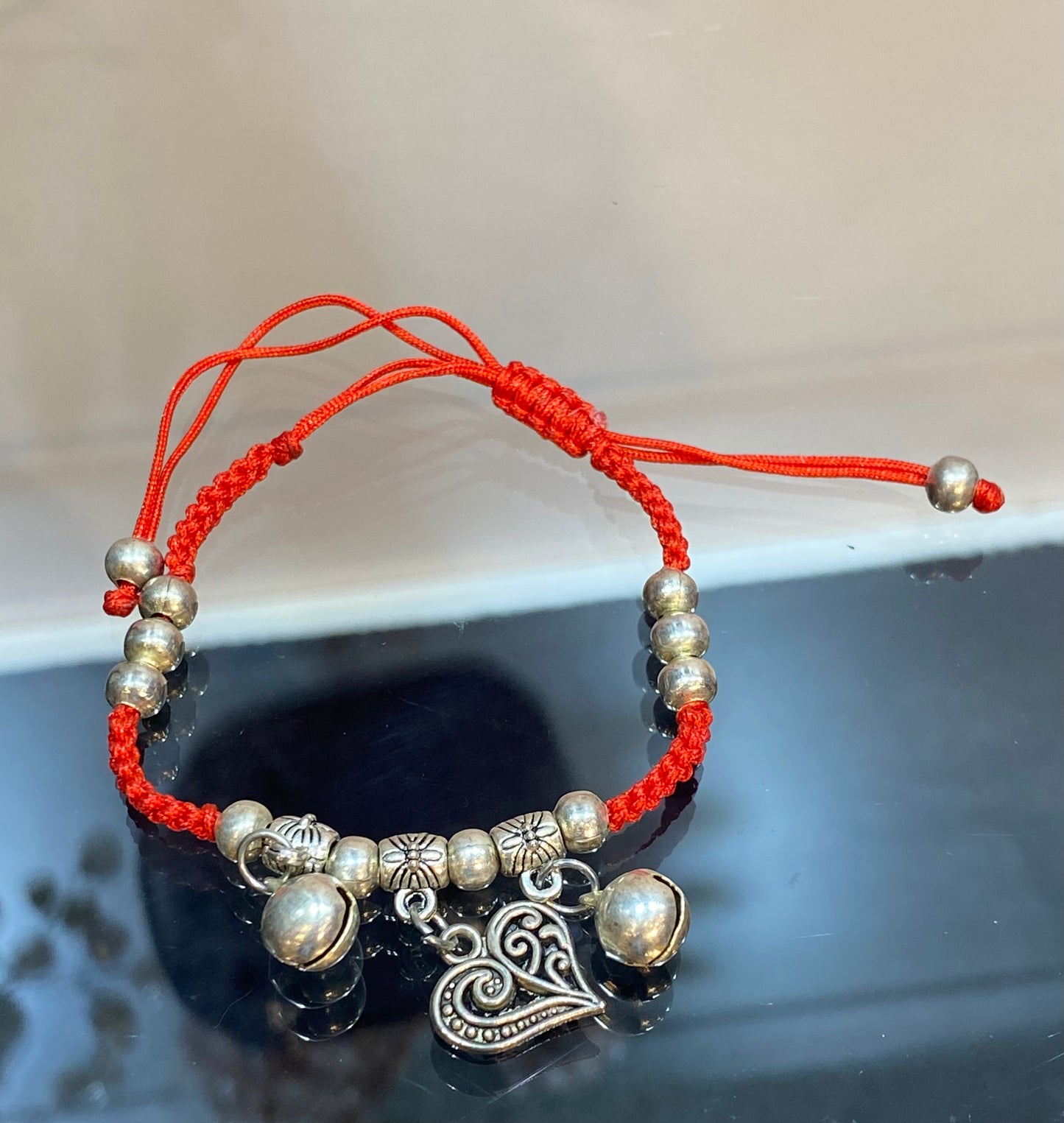 Handmade Red String Braided Pull Tie Bracelet Silver Beads With Silver Bells and Heart Charm