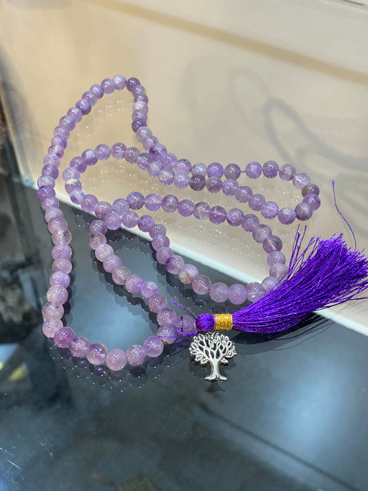 Light Amethyst Prayer Mala Necklace With Tree Of Life Charm And Purple Tassle