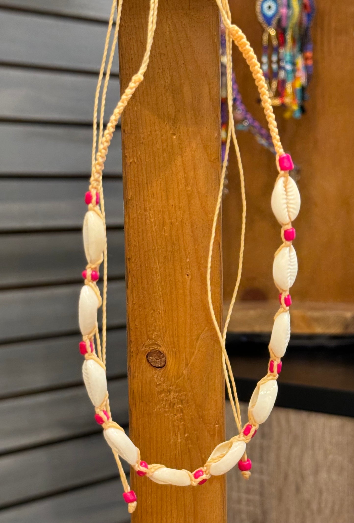 Handmade Cowrie Shells Hot Pink Beads String Pull Tie Choker Necklace