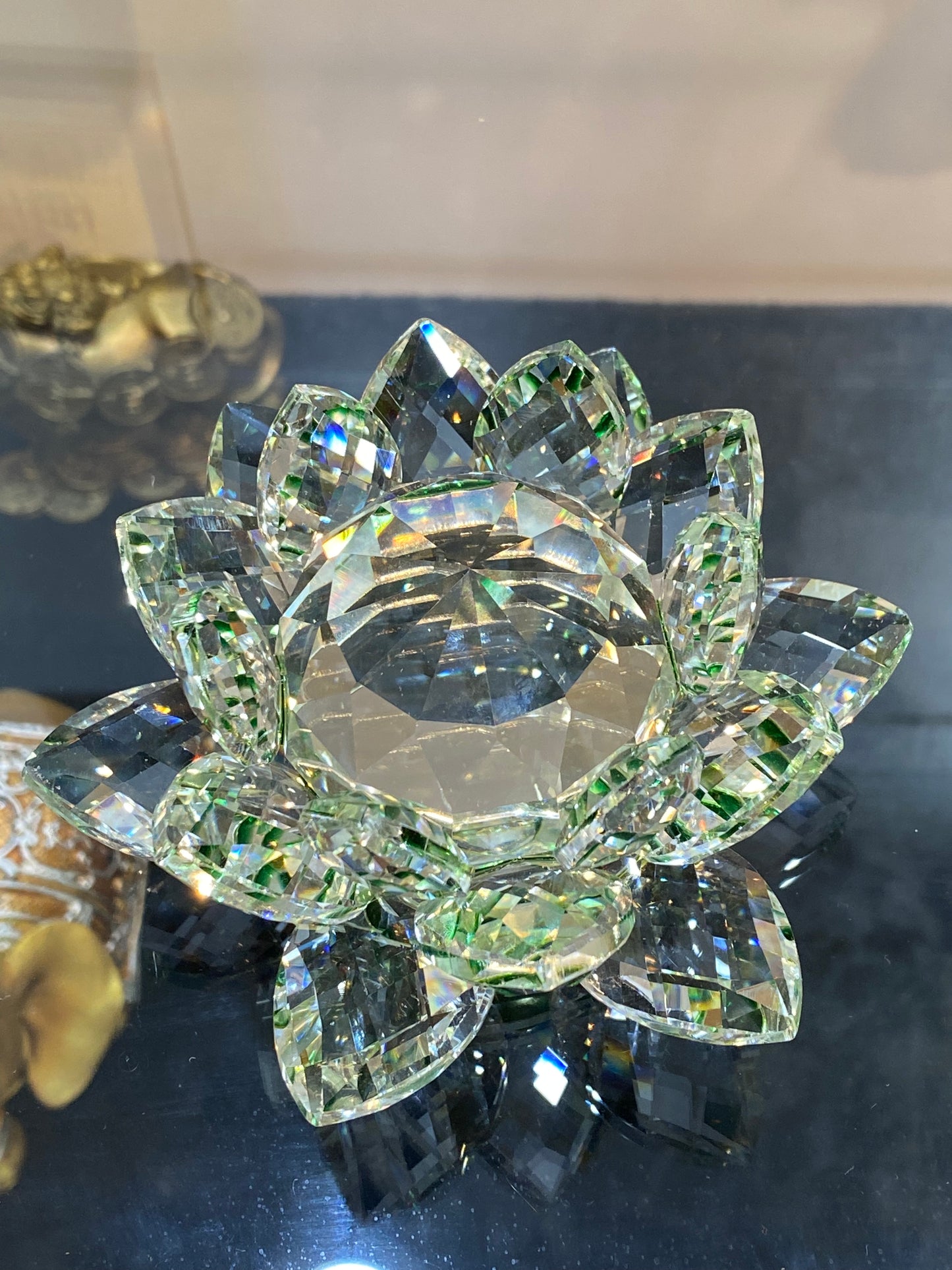 Feng Shui Crystal Lotus Flower Clear/Green 5”