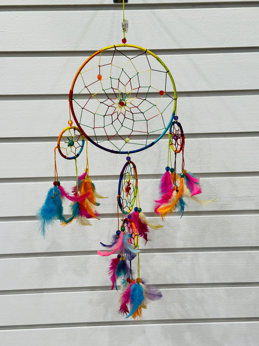 Chakra Leather Dreamcatcher Faceted Beaded Rainbow and Colorful Feathers