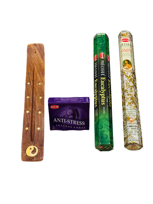 Tranquil Escape Incense Kit with handmade wooden holder, HEM Jasmine, Anti-Stress cones, and Eucalyptus incense.