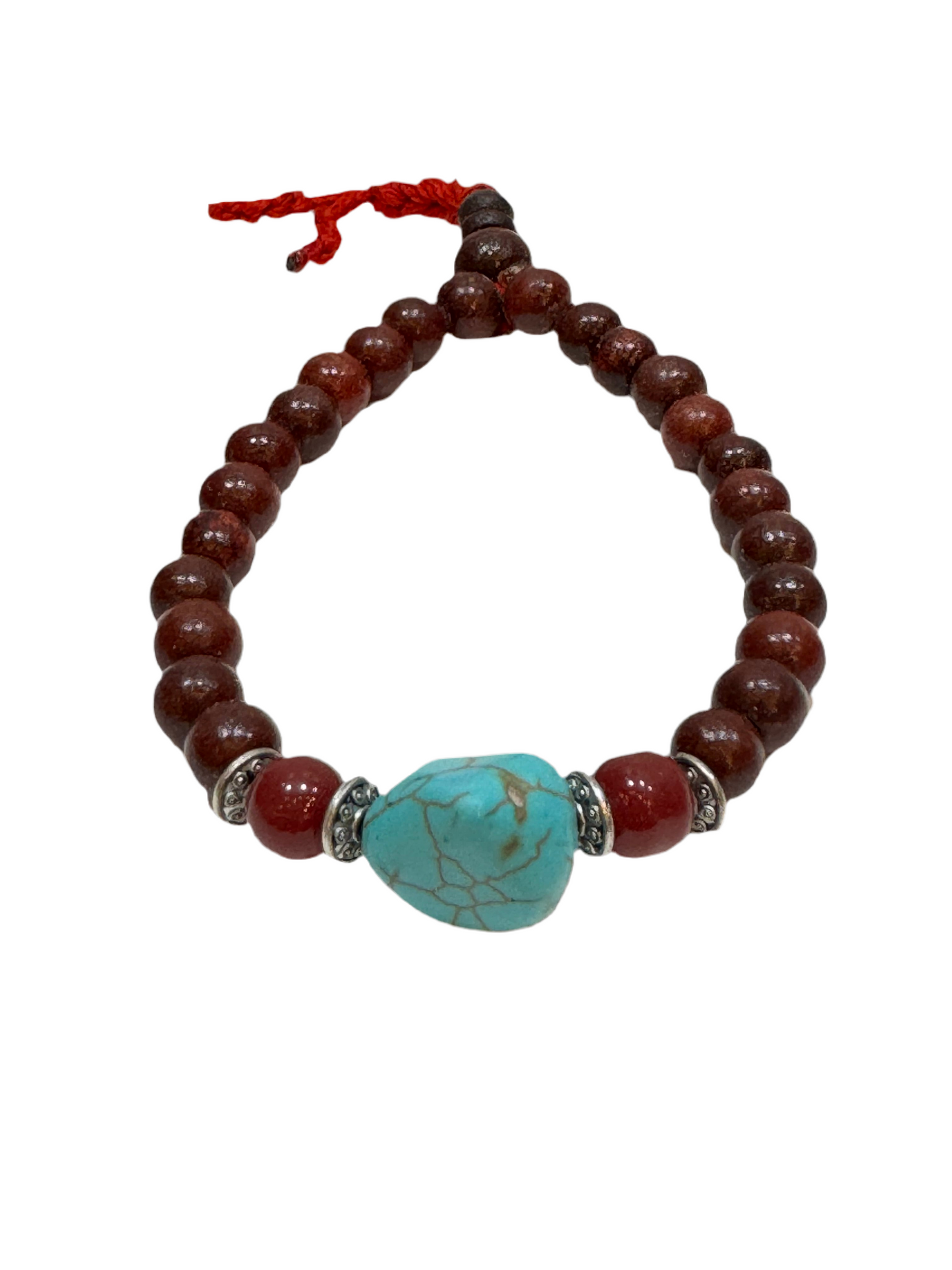 Rosewood, Turquoise and Brass Mala Beaded Bracelet Red String