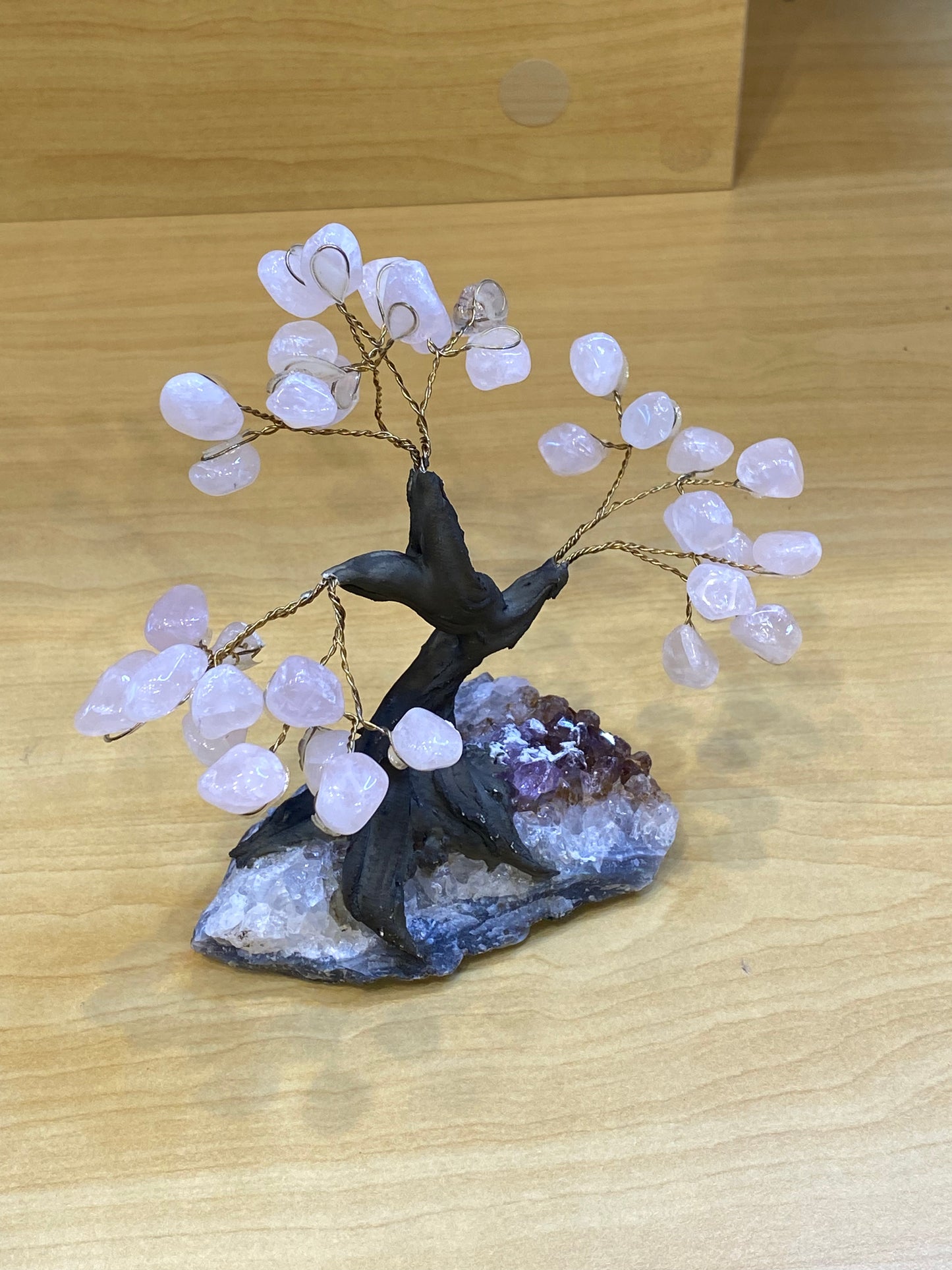 Gemstone Rose Quartz Tree on Amethyst Cluster