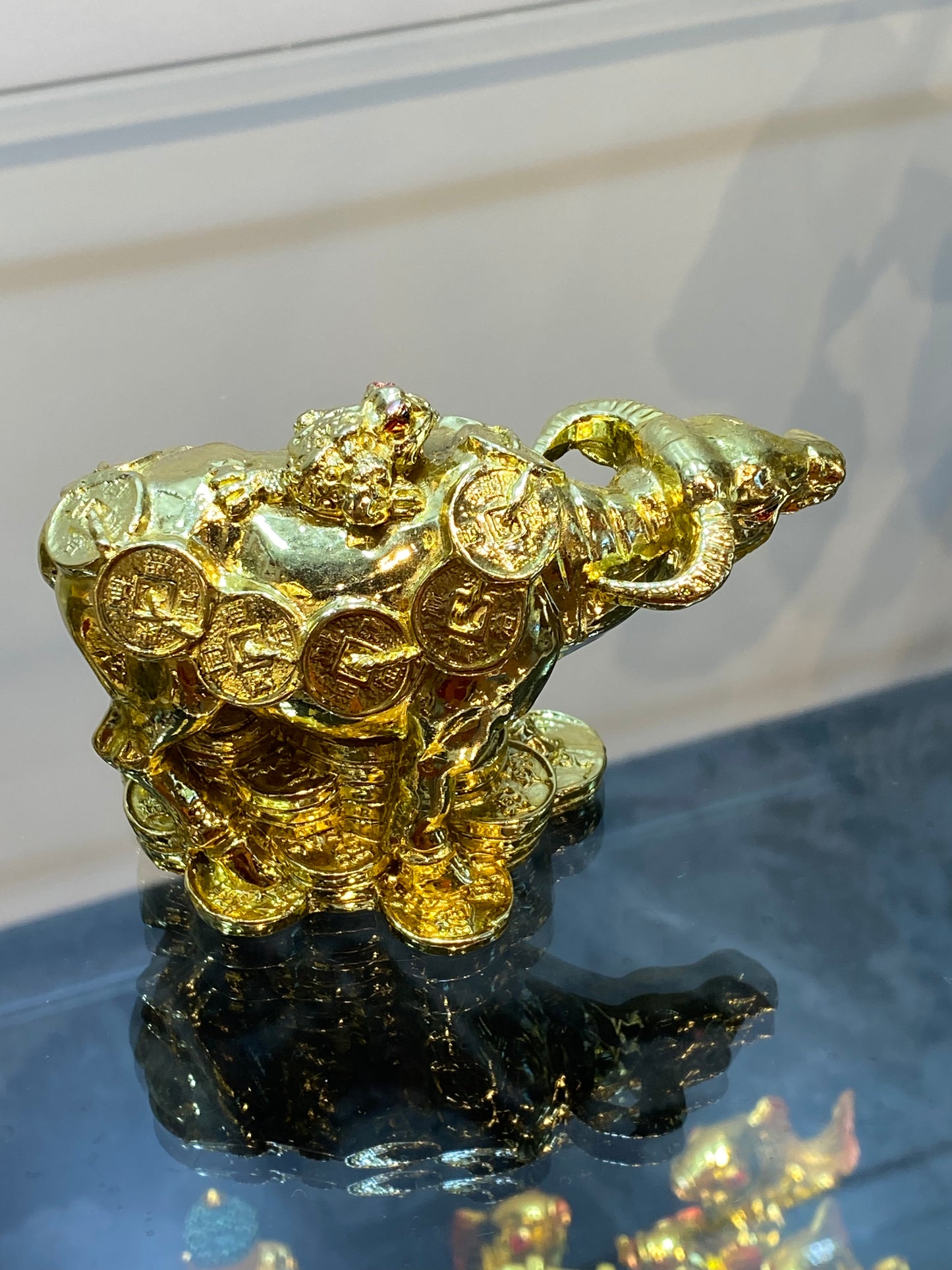 Feng Shui Golden Shiny Color Money Ox with Money Frog sitting on Top