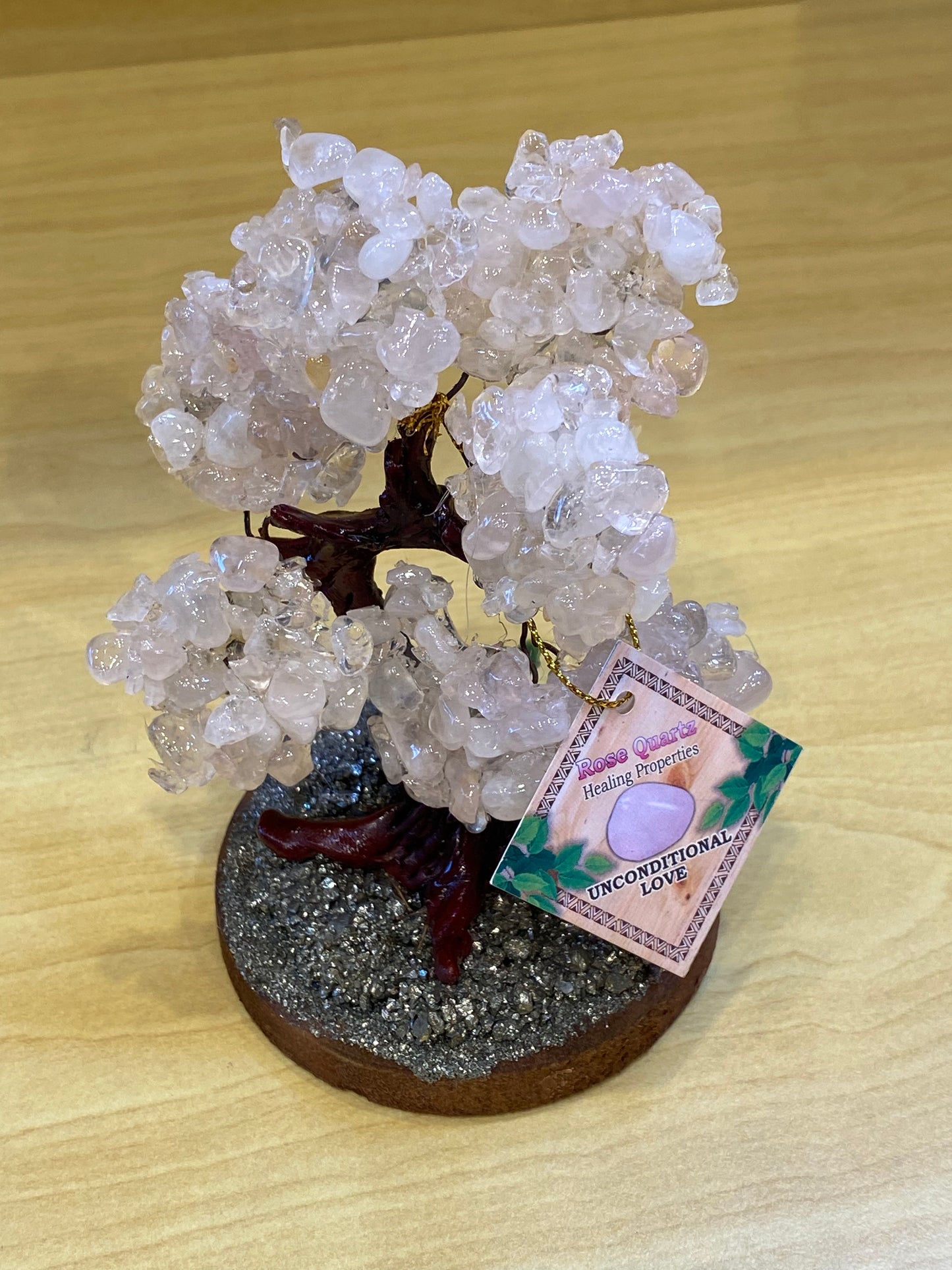 Bonsai Love and Fortune Gemstone Rose Quartz Tree on Pyrite