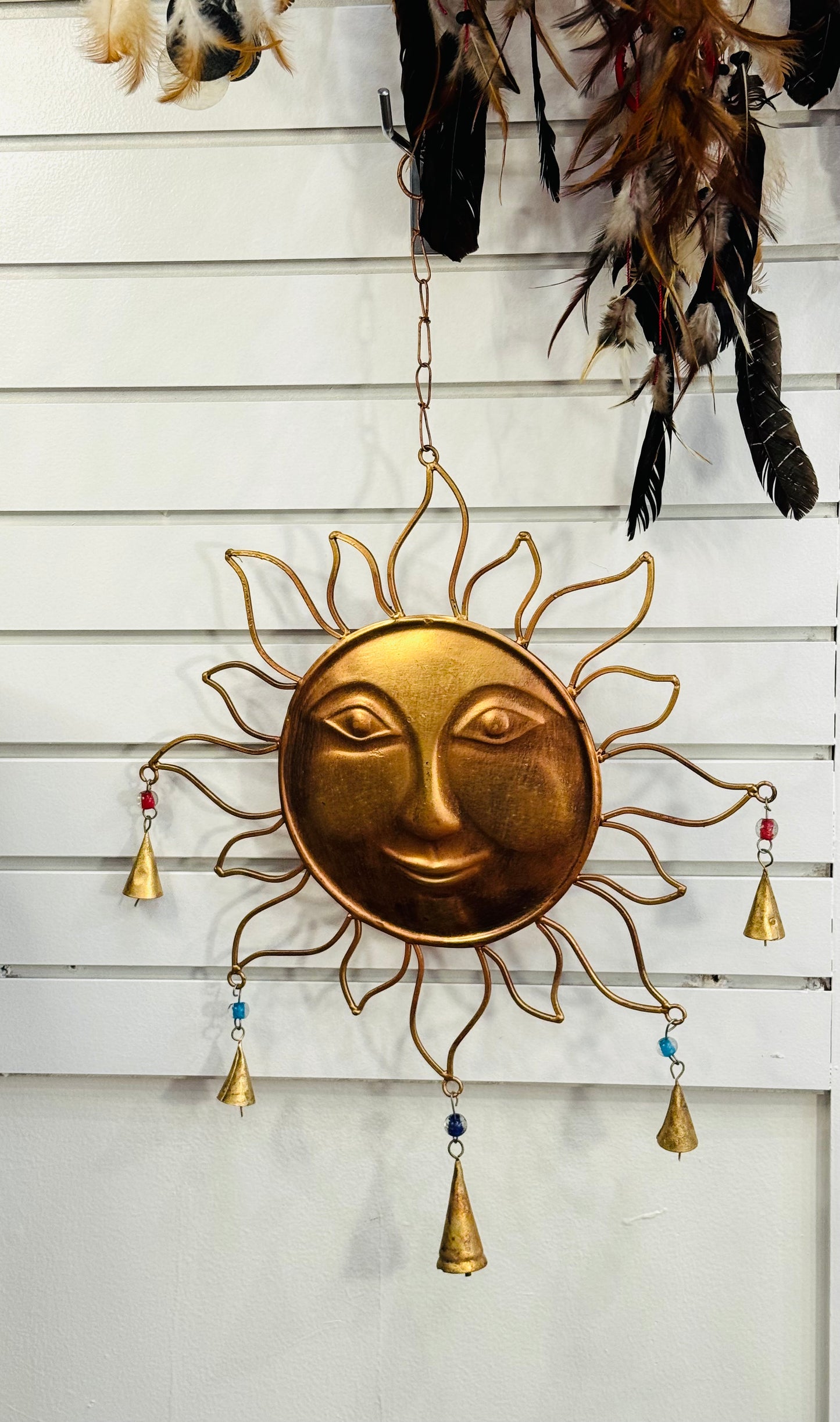 Handmade Large Metal Brass Golden Sun Smiling Face Outdoor Wind Chime with Color Bells