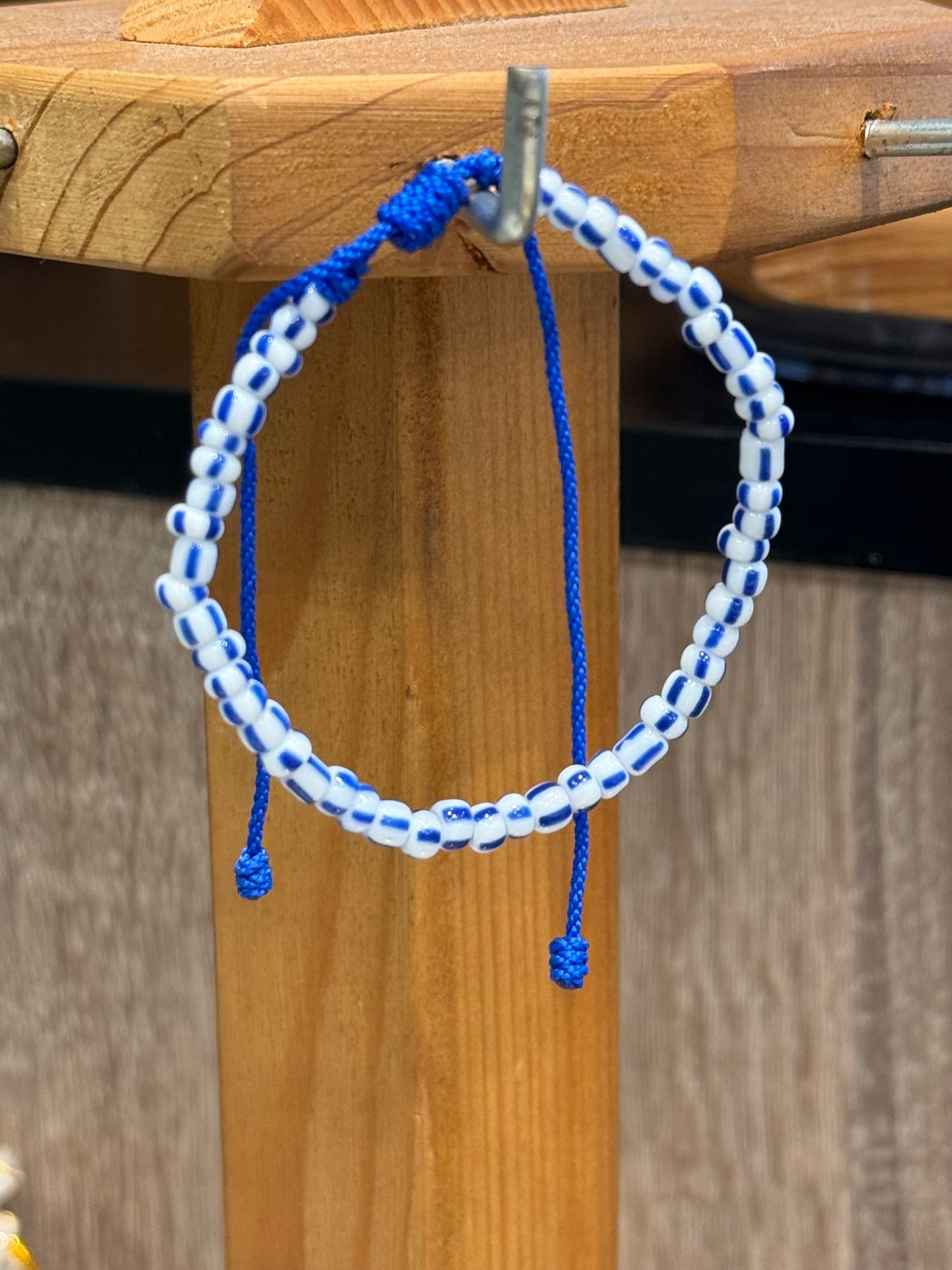 Handmade Pull Tie Nautical Blue and White Seed Beaded Bracelet