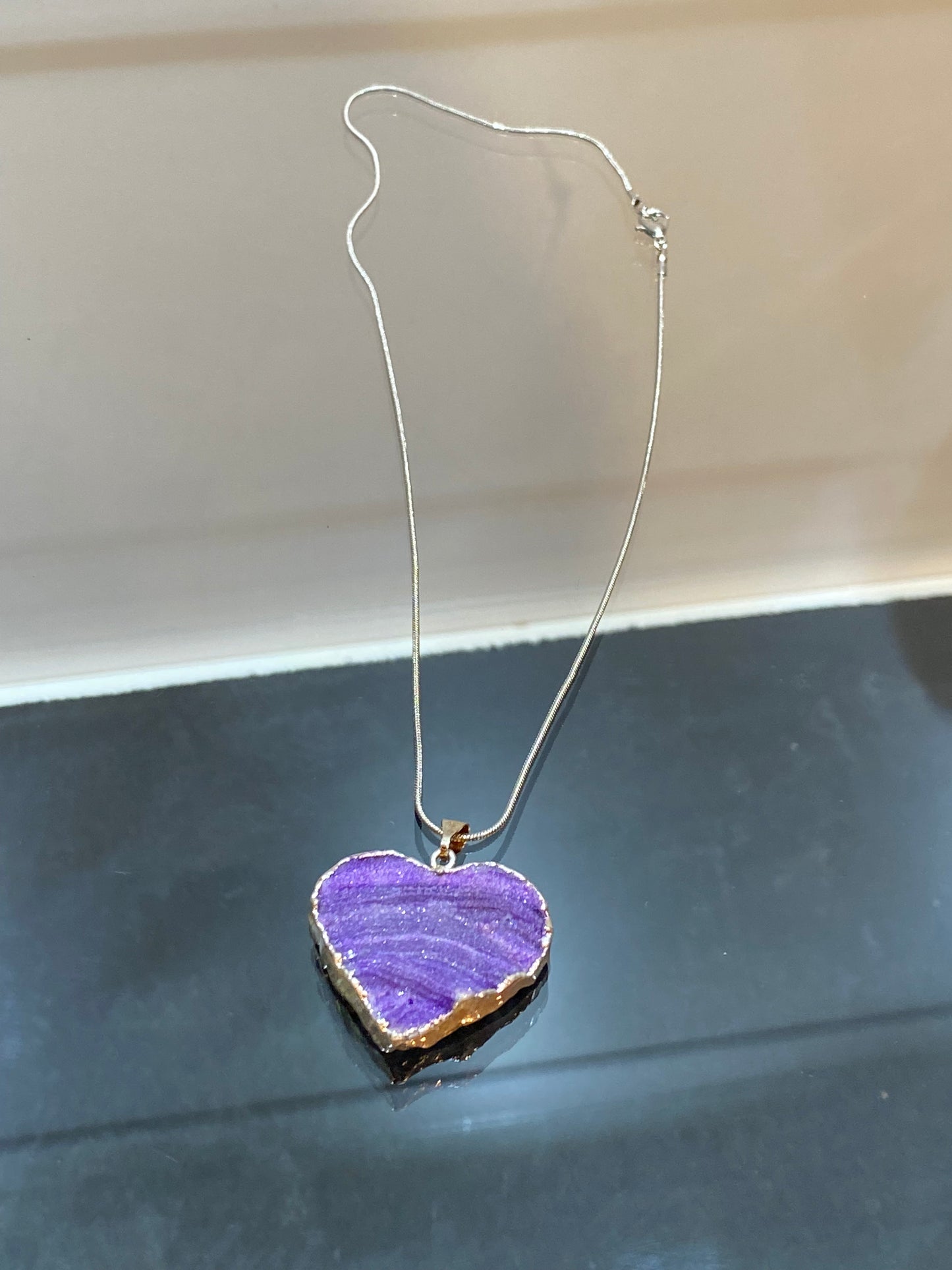 Purple Banded Agate Stone Silver Heart Pendant with Silver Plated Necklace