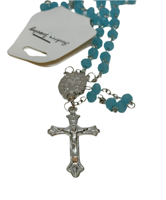 Mi Primero Communion Glass Turquoise Beaded Rosary Jesus Christ On Cross Silver Amulet