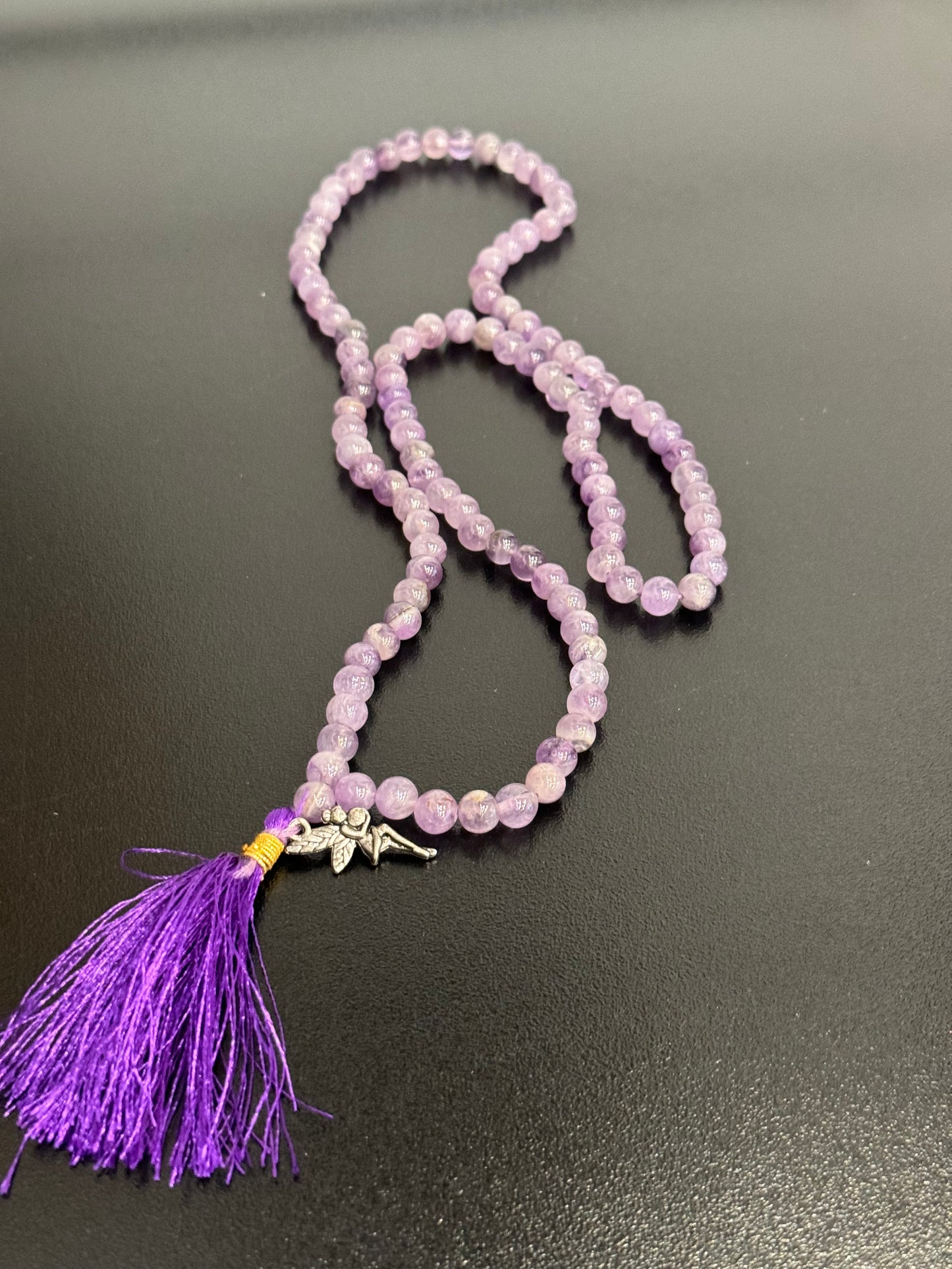 Amethyst Prayer Mala Necklace With Fairy Charm And Purple Tassle