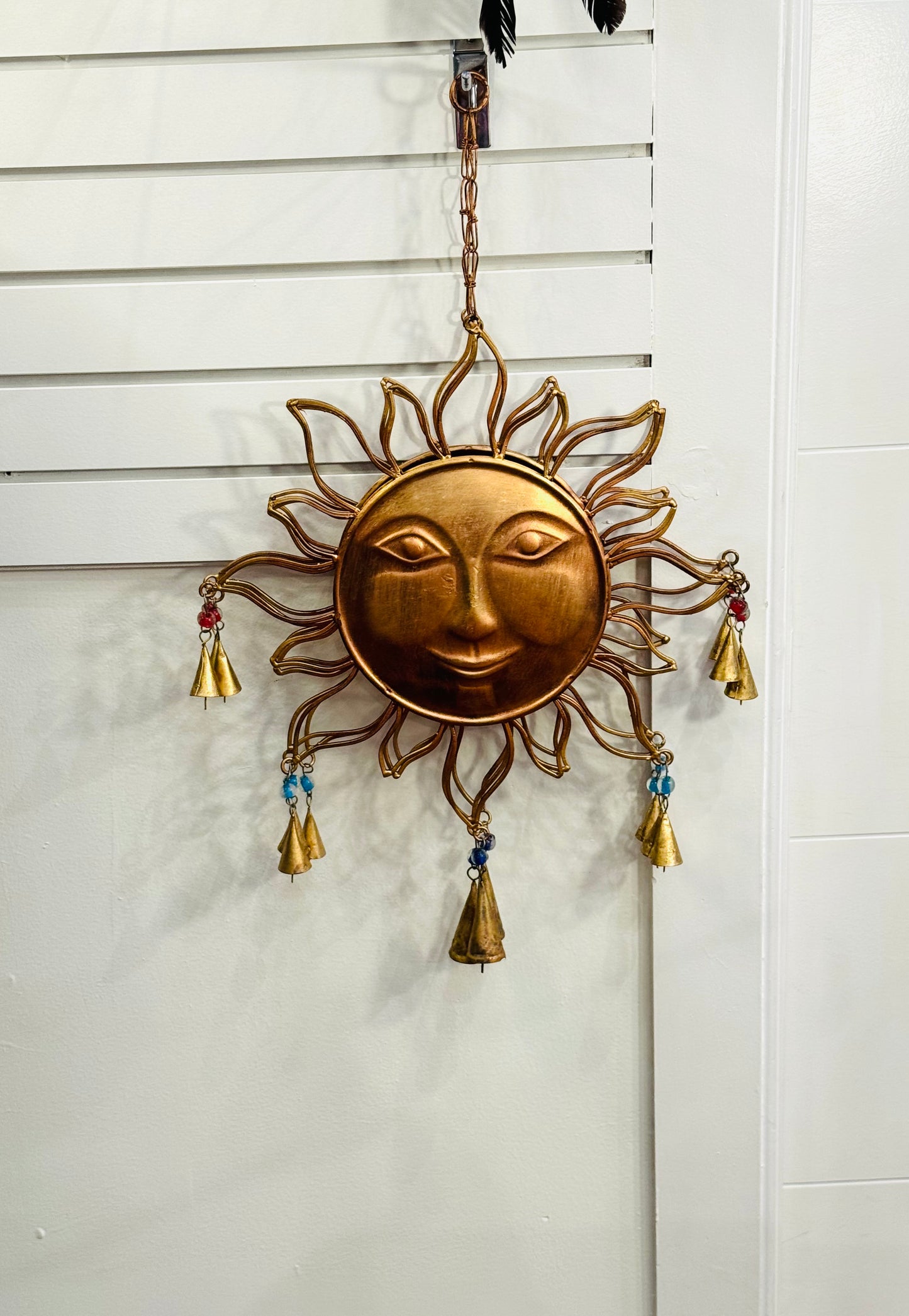 Handmade Large Metal Brass Golden Sun Smiling Face Outdoor Wind Chime with Color Bells