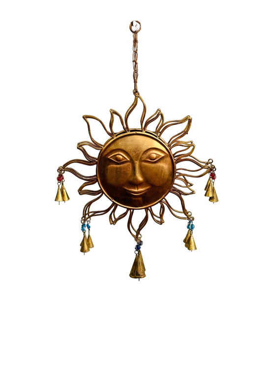 Handmade large metal brass golden sun wind chime with colorful bells and smiling face design