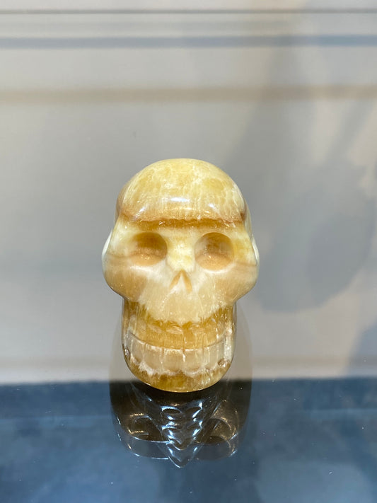 Polished Natural Hand Carved Yellow Calcite Gemstone Skull