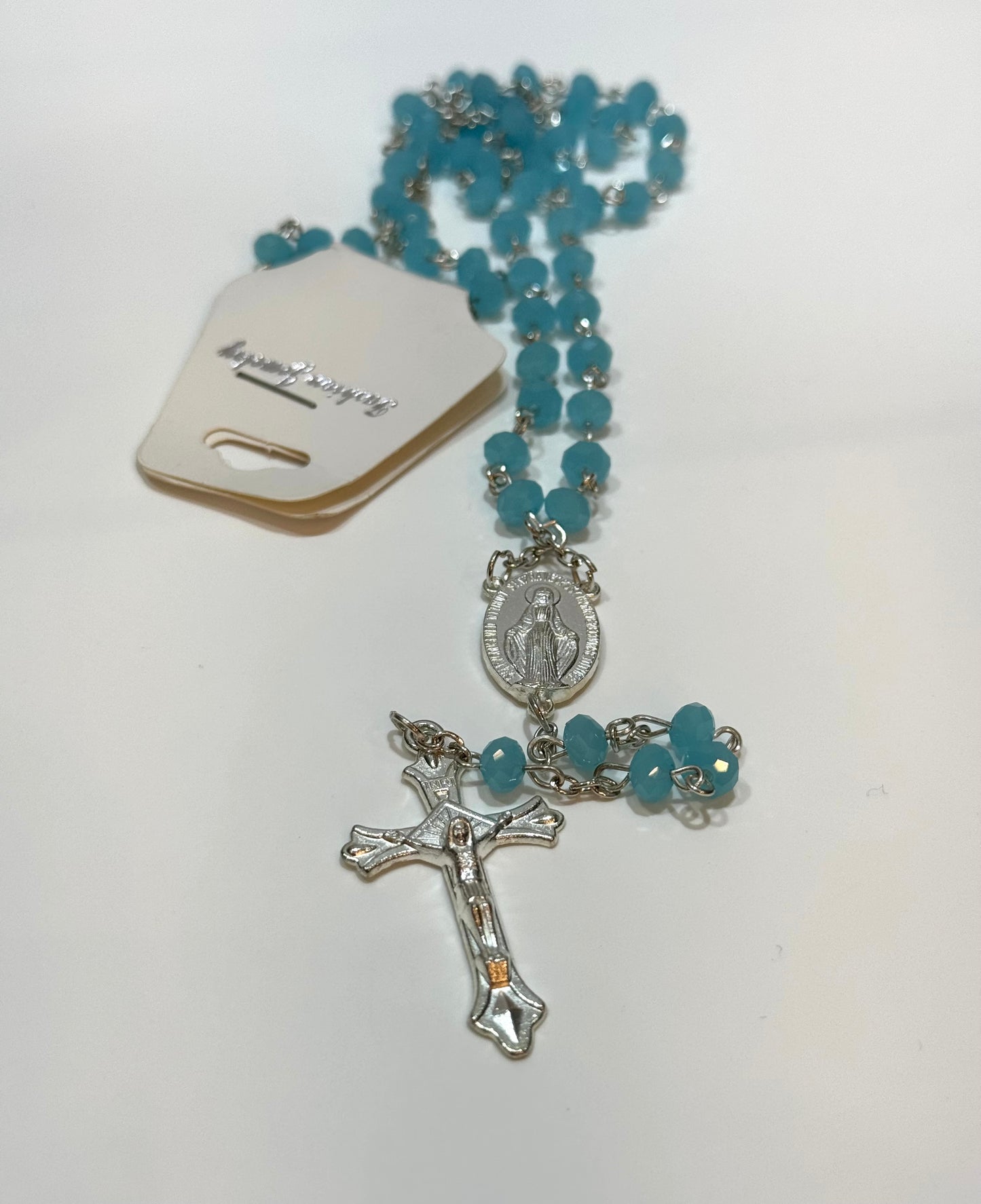 Mi Primero Communion Glass Turquoise Beaded Rosary Jesus Christ On Cross Silver Amulet