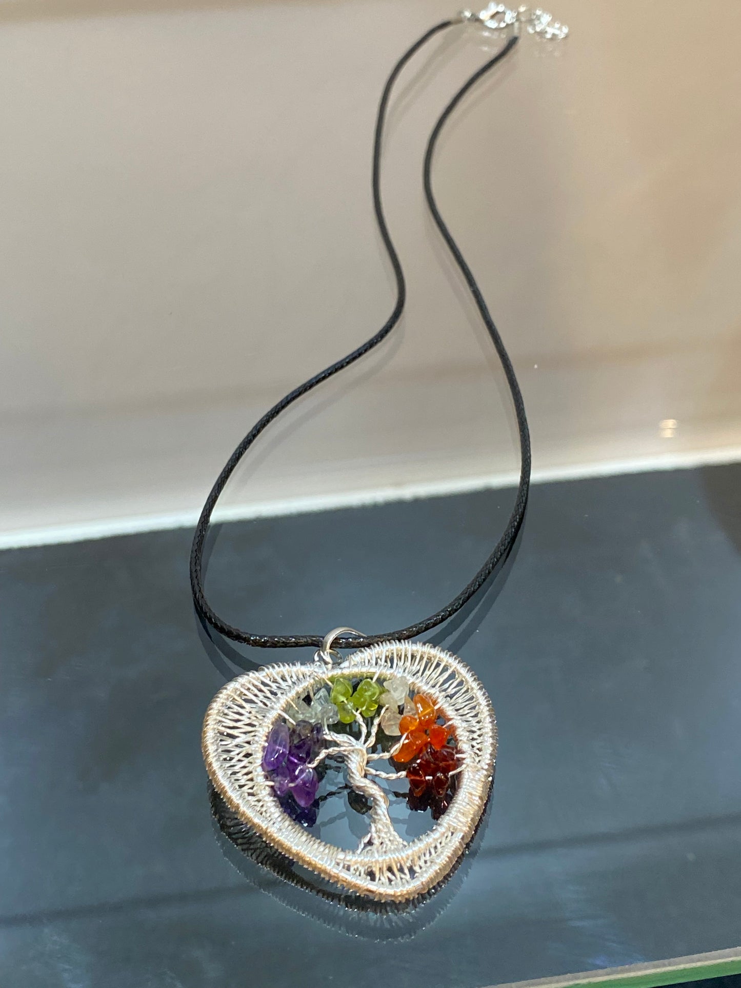 7 Chakra Chips Tree of Life Silver Wire Wrapped Heart Pendant with Black Cord Necklace