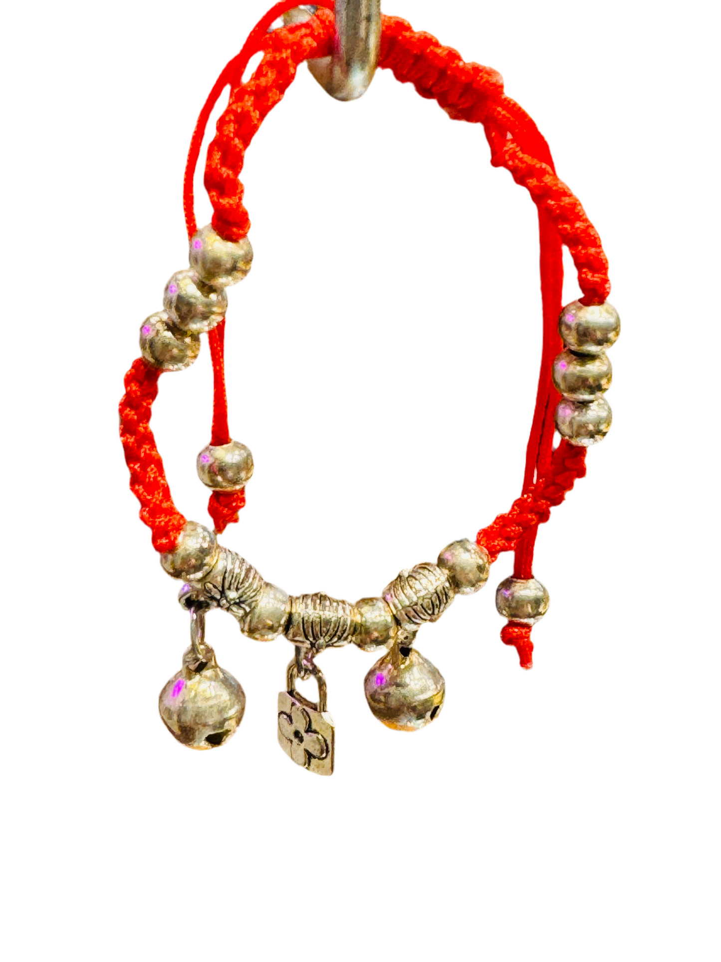 Red String Bracelet Silver Beads With Lock Cross, Beads and Bells