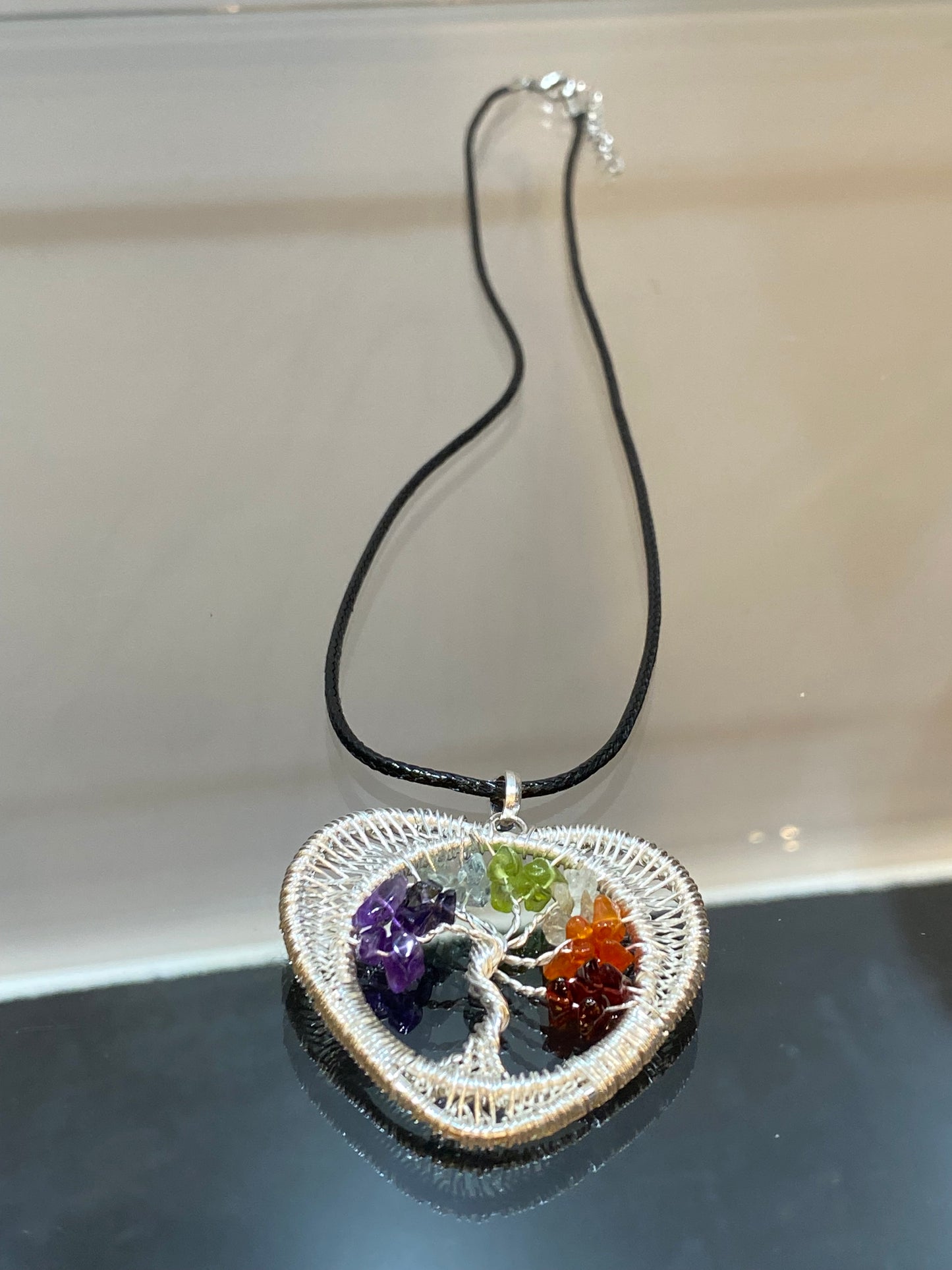 7 Chakra Chips Tree of Life Silver Wire Wrapped Heart Pendant with Black Cord Necklace