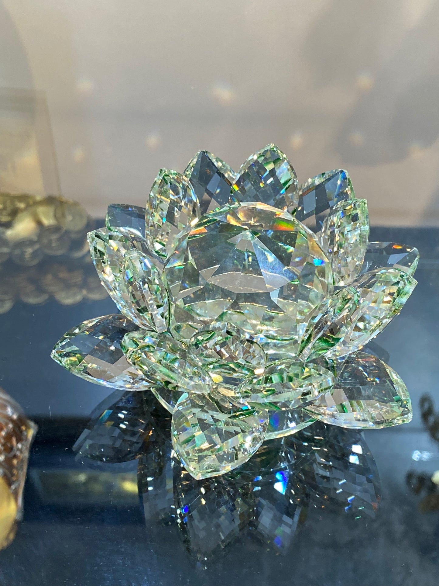 Feng Shui Crystal Lotus Flower Clear/Green 5”