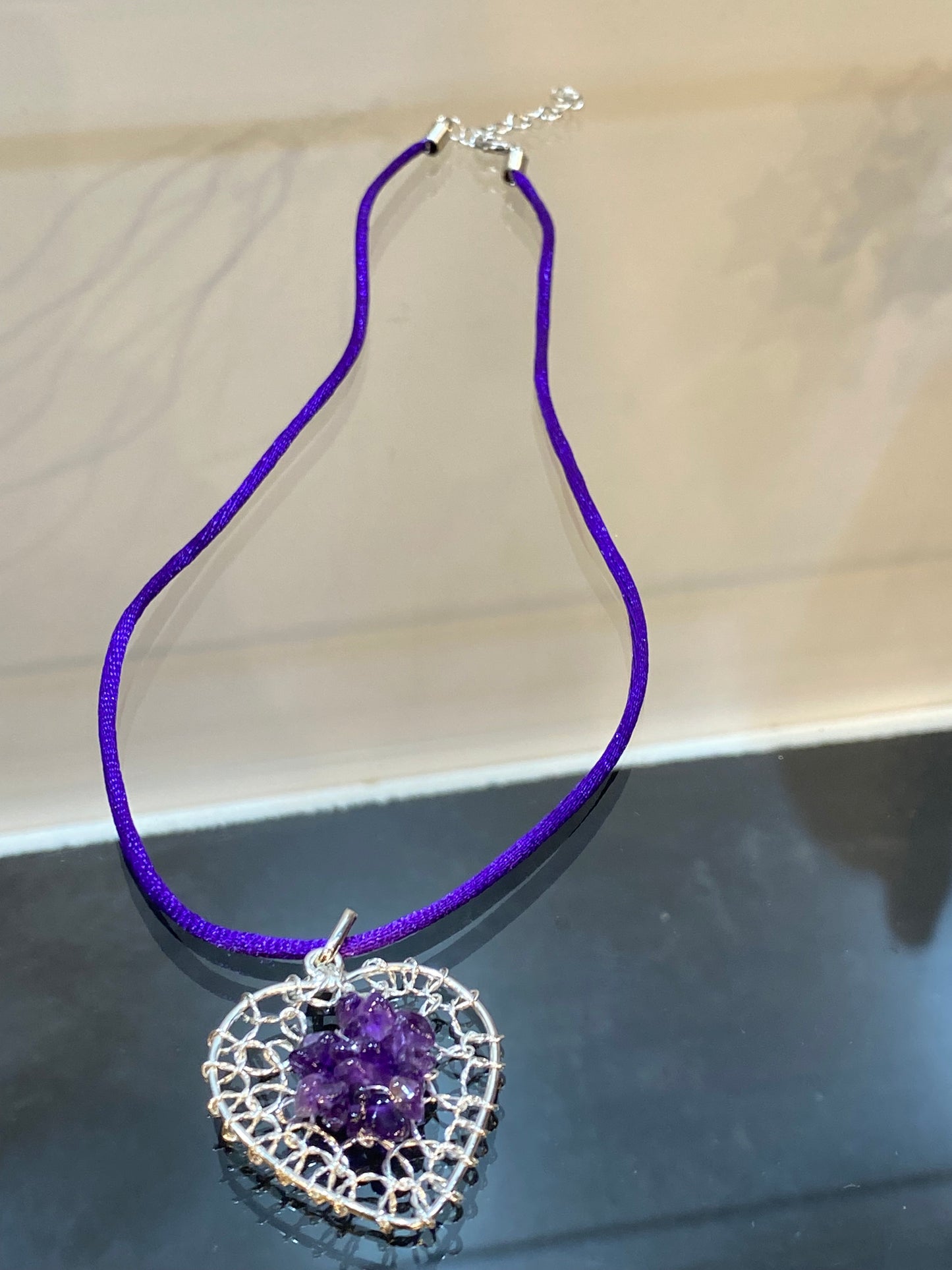 Amethyst Chip Silver Wired Heart Pendant With Purple Cord Necklace