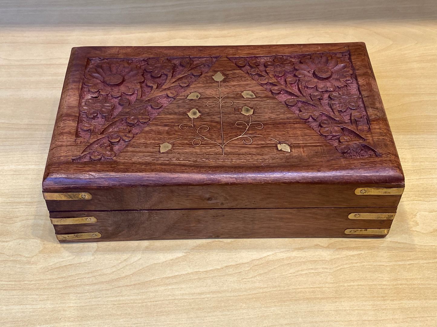 Hand Carved Wooden Storage Box Flower with Gold Vine (Brown)