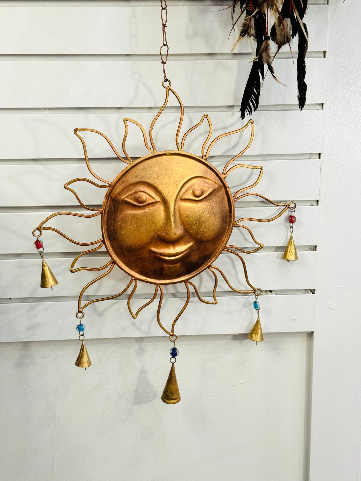 Handmade Large Metal Brass Golden Sun Smiling Face Outdoor Wind Chime with Color Bells