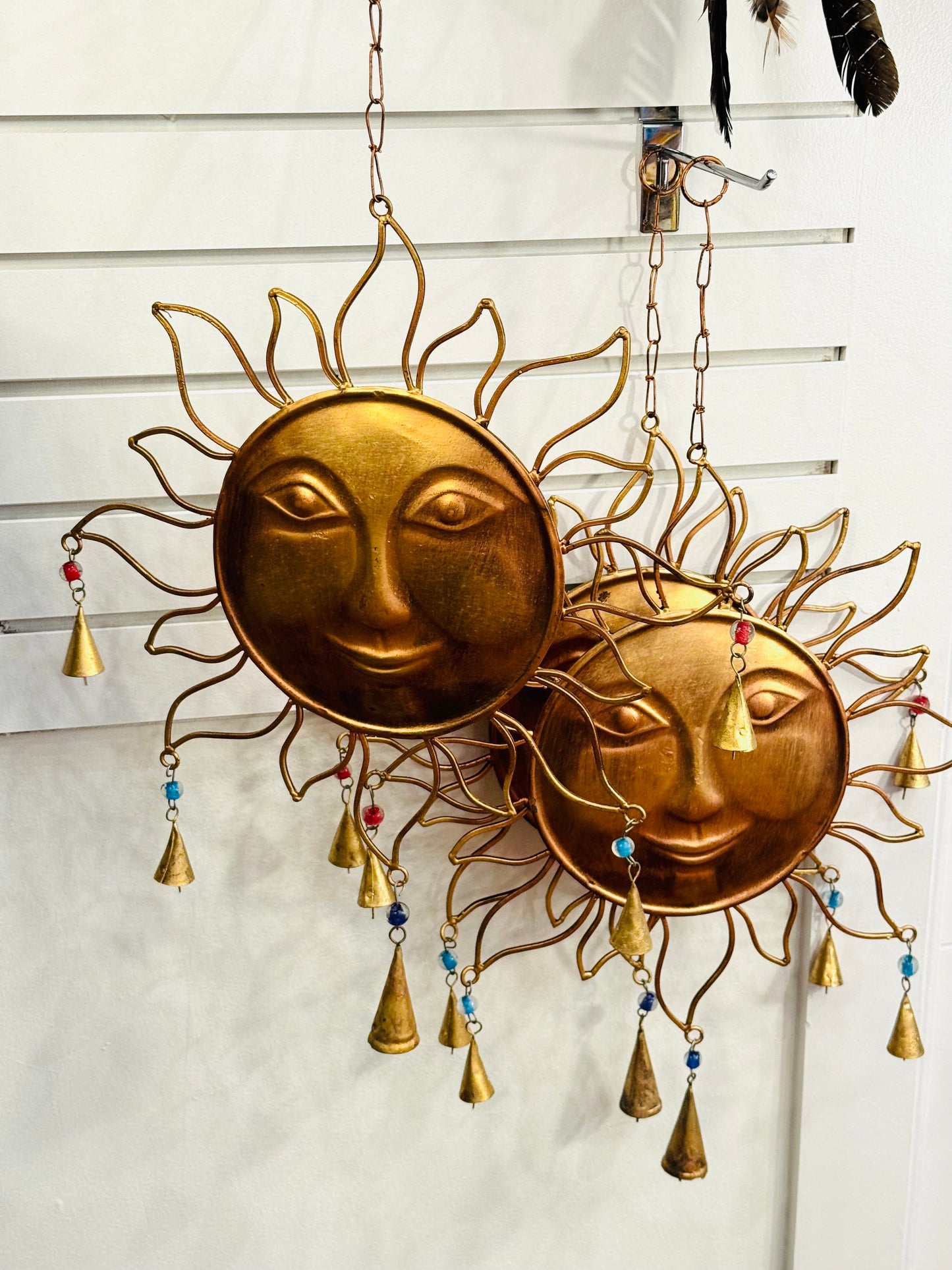 Handmade Large Metal Brass Golden Sun Smiling Face Outdoor Wind Chime with Color Bells