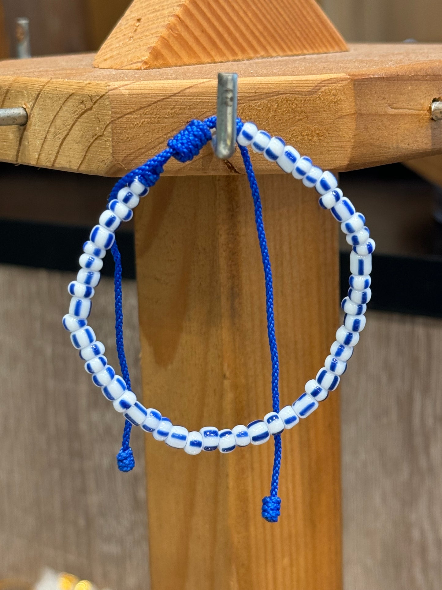 Handmade Pull Tie Nautical Blue and White Seed Beaded Bracelet