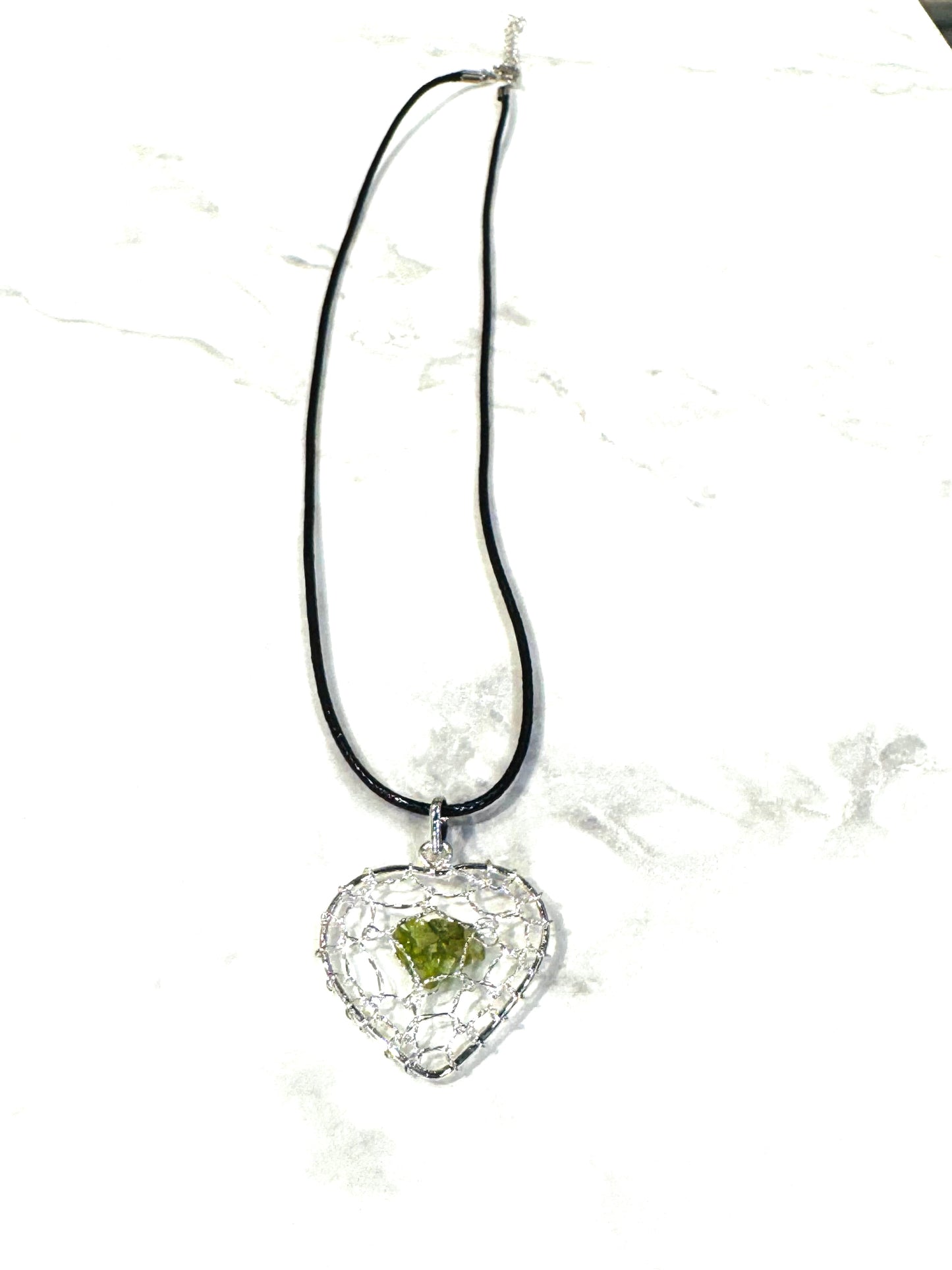 Peridot Chips Silver Heart Pendant Wire Wrapped with Black Adjustable Cord Necklace