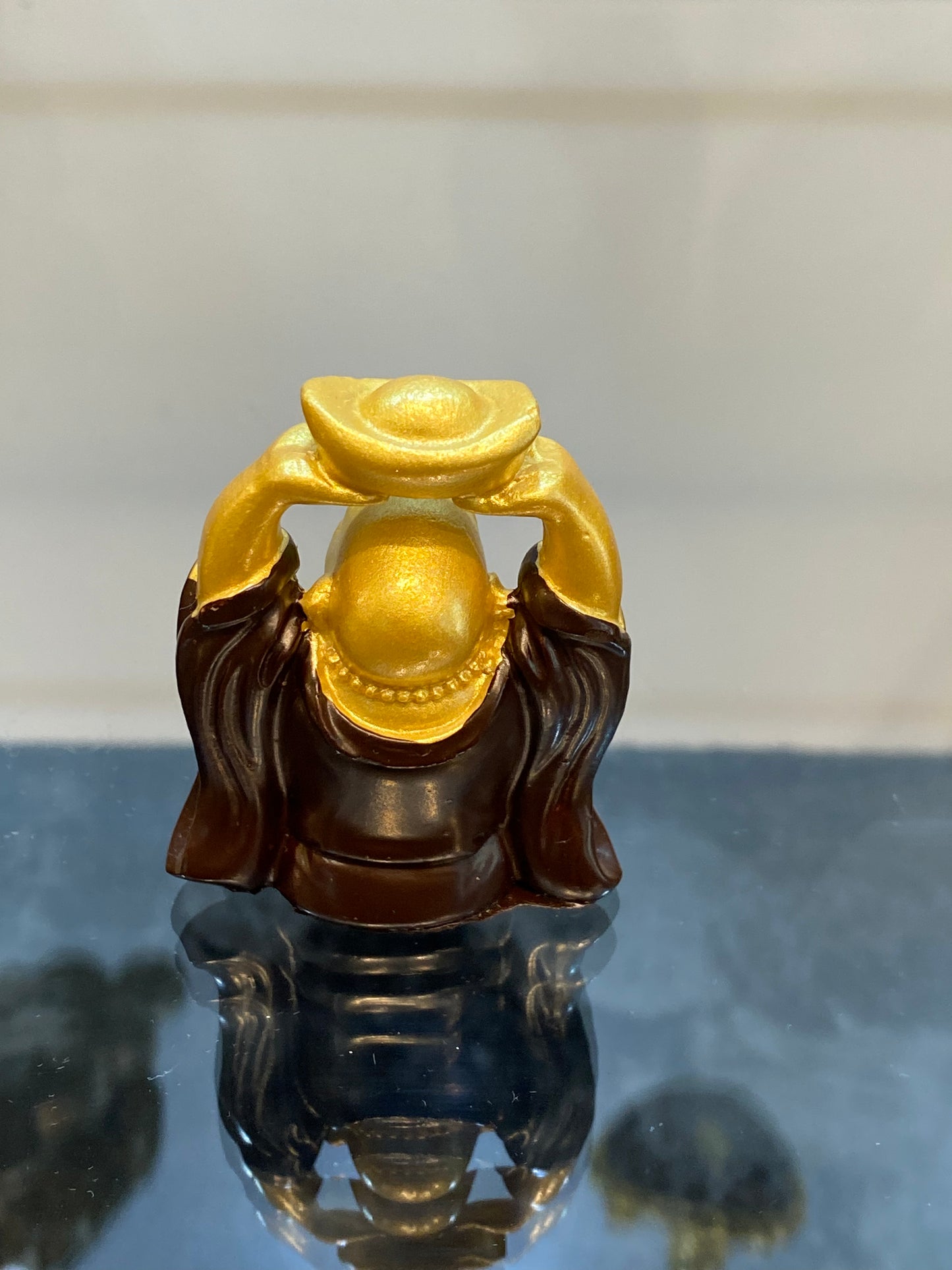 Mini Laughing Buddha with hands up holding Igot bowl Brown-Red and Gold