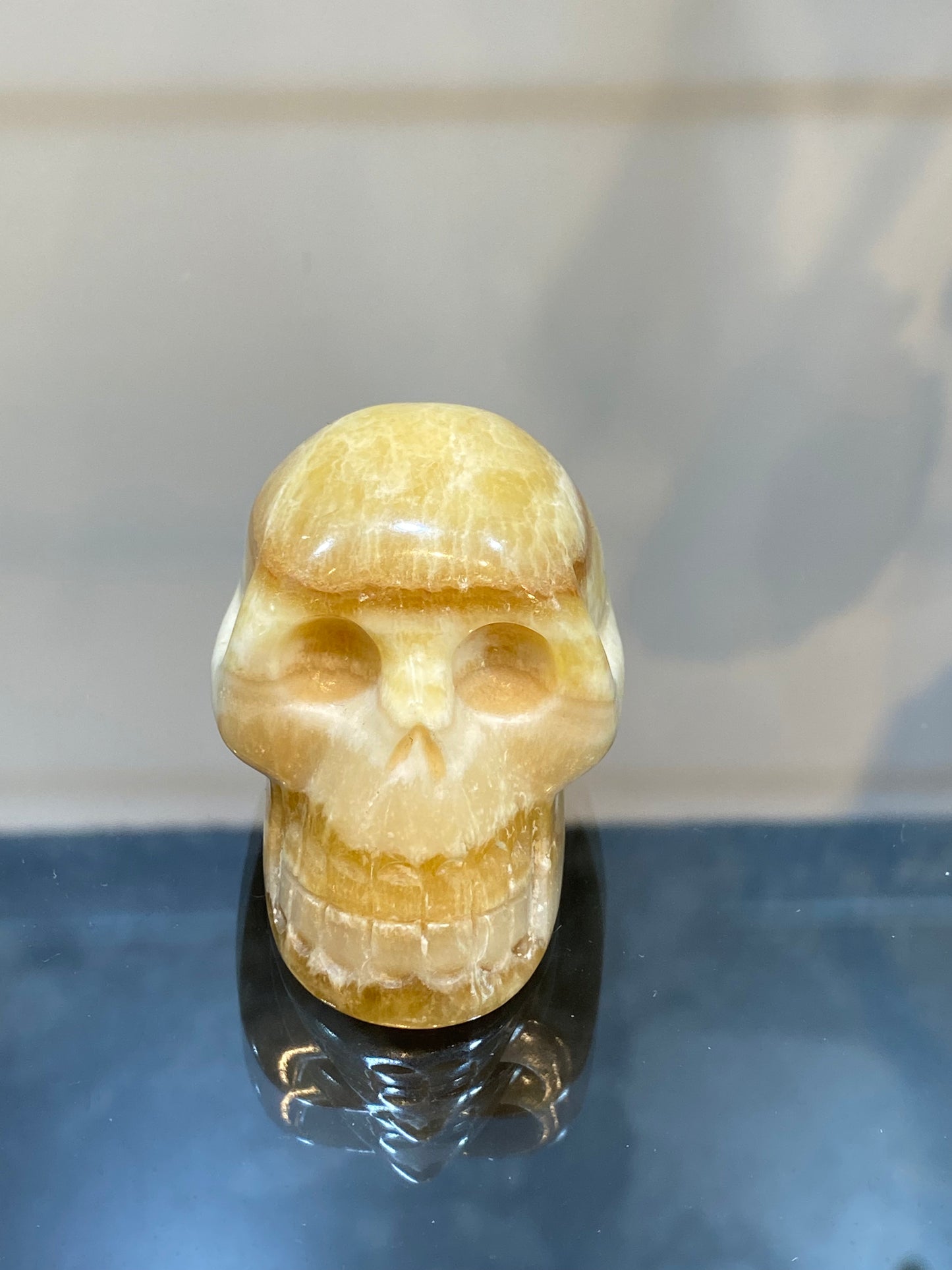 Polished Natural Hand Carved Yellow Calcite Gemstone Skull