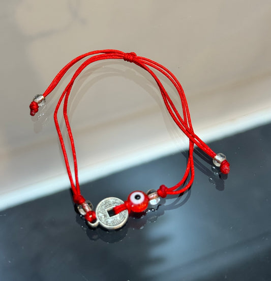 Handmade Red String Pull Tie Bracelet Silver Chinese Coin and Red Evil Eye Bead