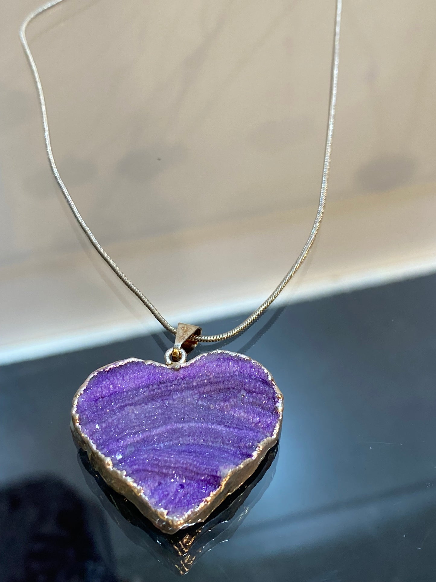 Purple Banded Agate Stone Silver Heart Pendant with Silver Plated Necklace