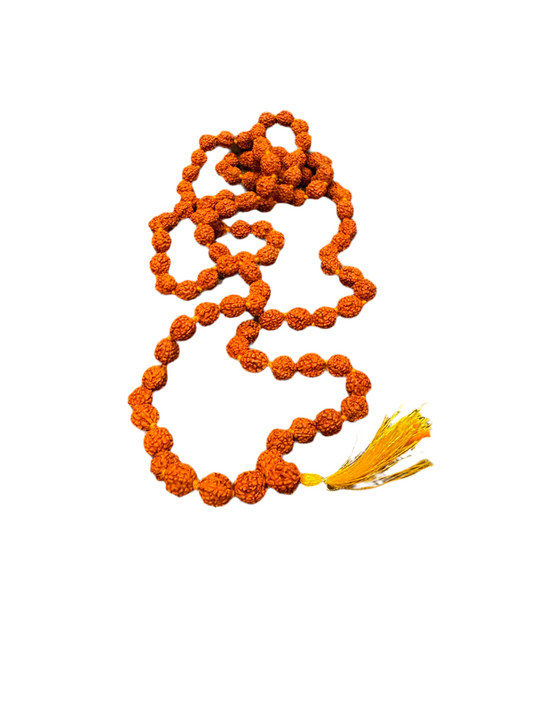 8mm Rudraksha Seed Mala with Rust Red Yellow Tassel – Divine Focus & Balance Mala