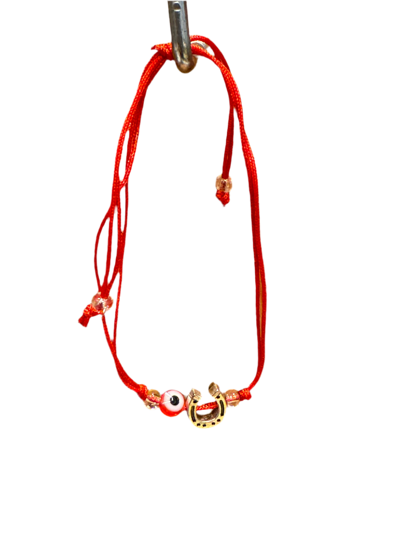 Red String Pull Tie Bracelet With Horseshoe Charm and Evil Eye Bead
