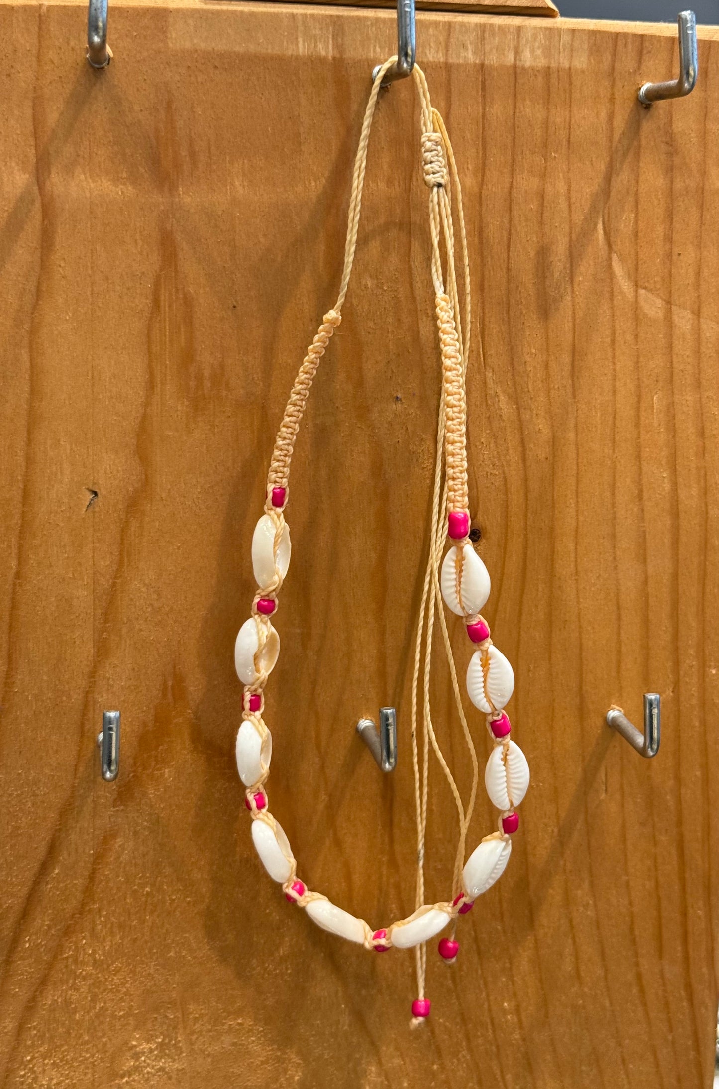 Handmade Cowrie Shells Hot Pink Beads String Pull Tie Choker Necklace