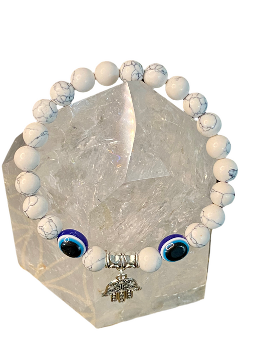 Howlite Evil Eye Beads Gemstone Bracelet With Hamsa Charm