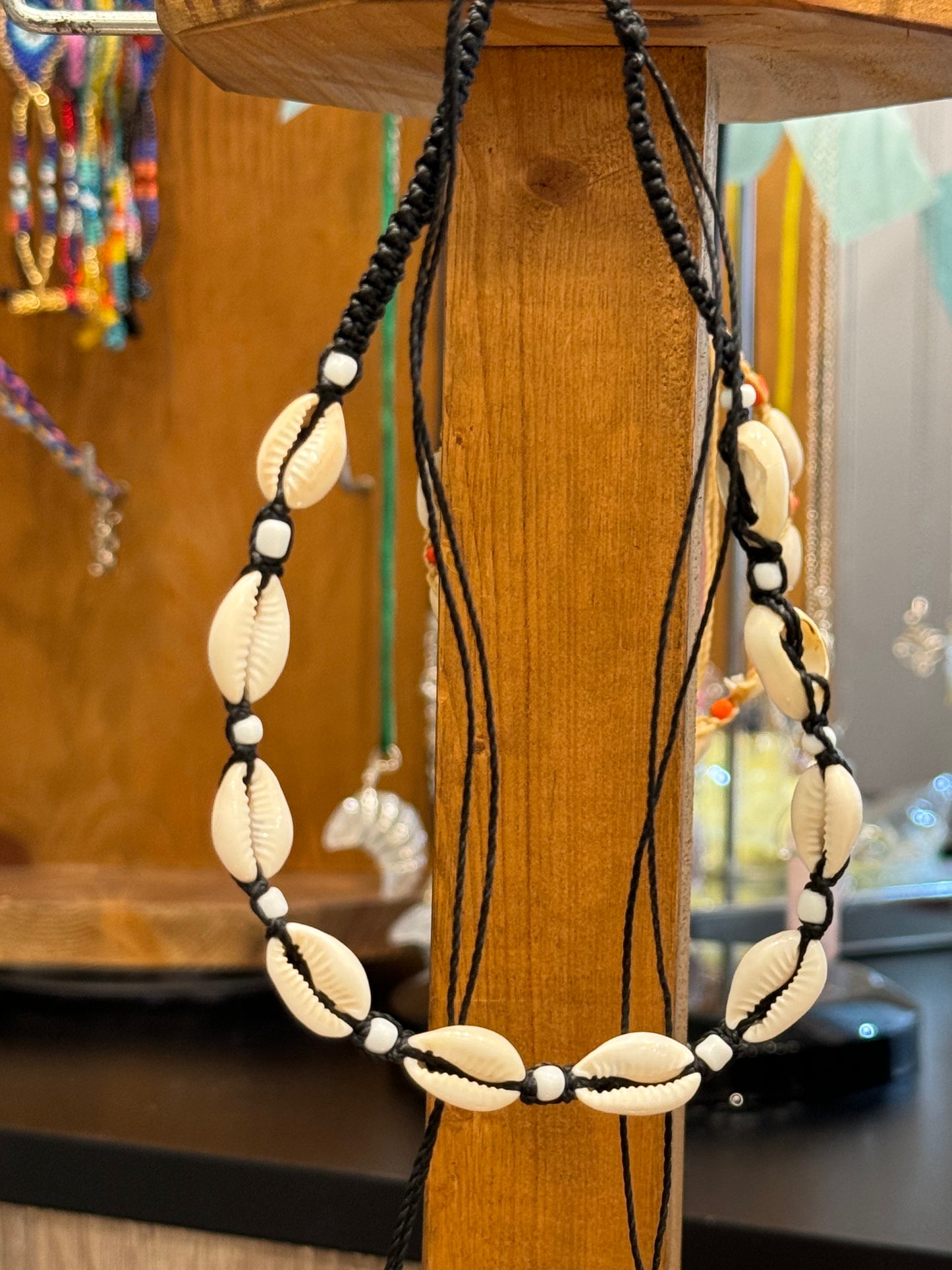 Handmade Cowrie Natural Shell String Pull Tie Choker Necklace White Beads On A Black Necklace