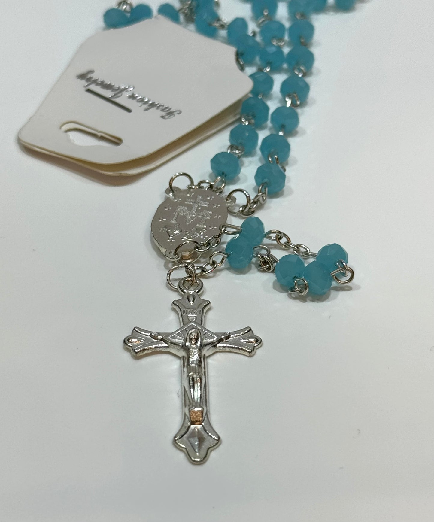 Mi Primero Communion Glass Turquoise Beaded Rosary Jesus Christ On Cross Silver Amulet