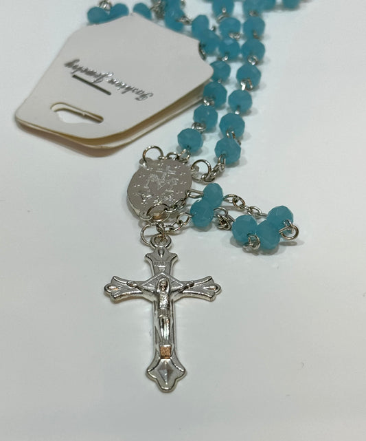 Mi Primero Communion Glass Turquoise Beaded Rosary Jesus Christ On Cross Silver Amulet