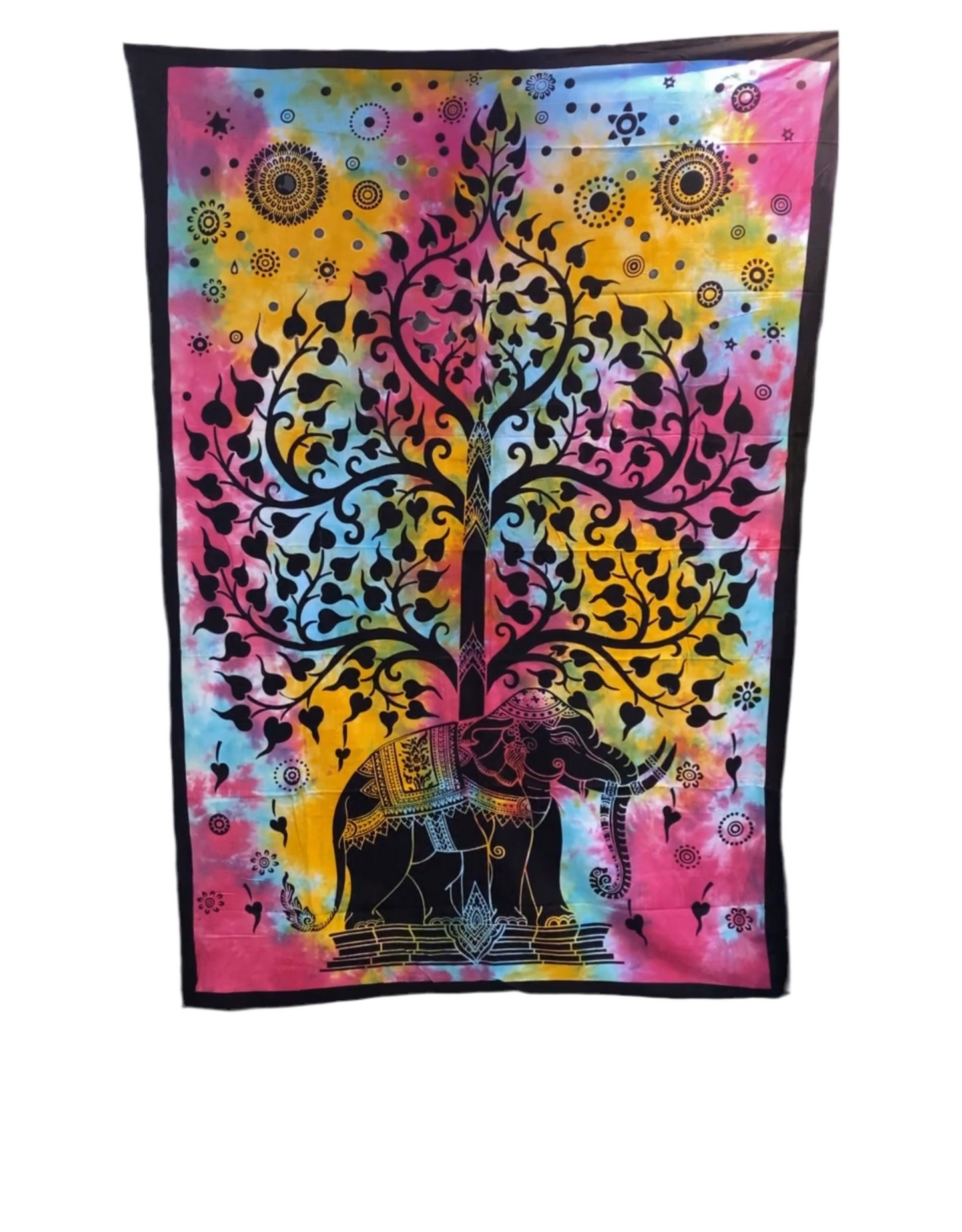 Multi-Color Indian Elephant Bodhi Tree Tapestry with vibrant tie-dye art.