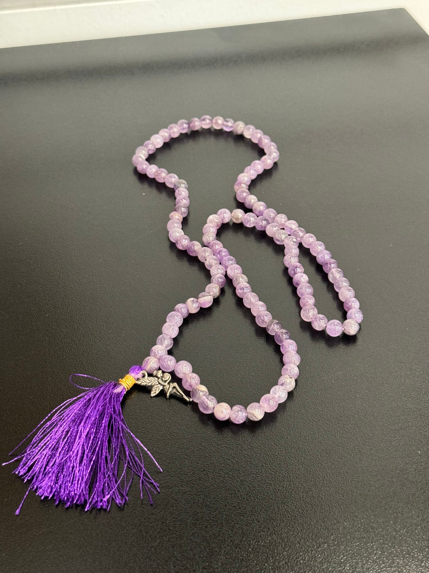 Amethyst Prayer Mala Necklace With Fairy Charm And Purple Tassle