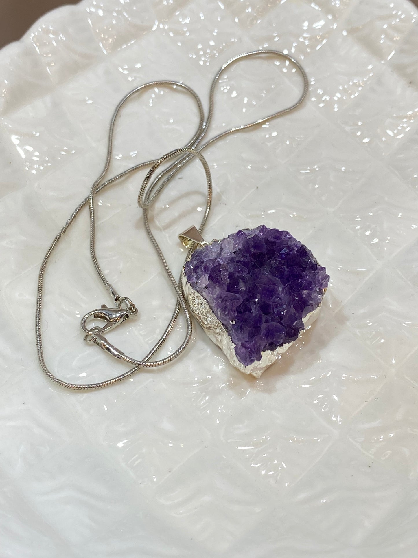 Amethyst Druzy Cluster Pendant With Silver Necklace