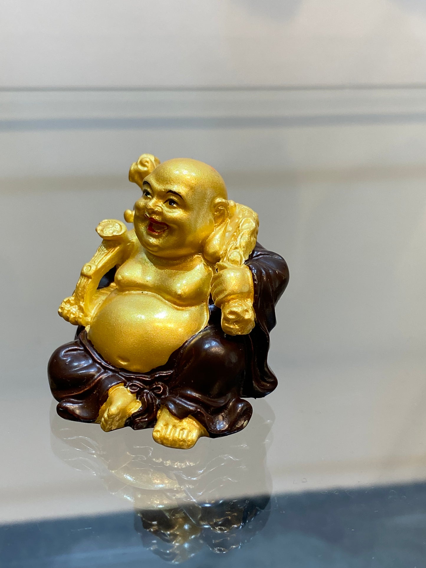 Mini Laughing Buddha with Sack of Plenty Brown-Red and Gold