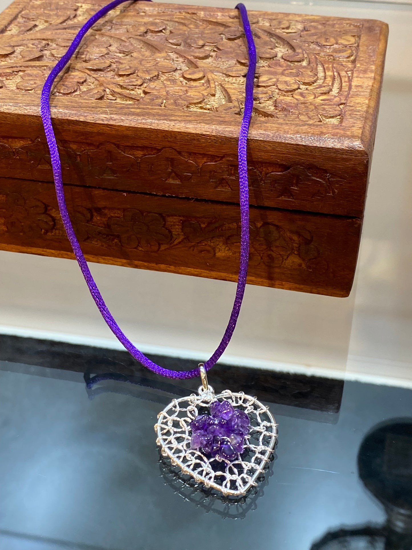 Amethyst Chip Silver Wired Heart Pendant With Purple Cord Necklace