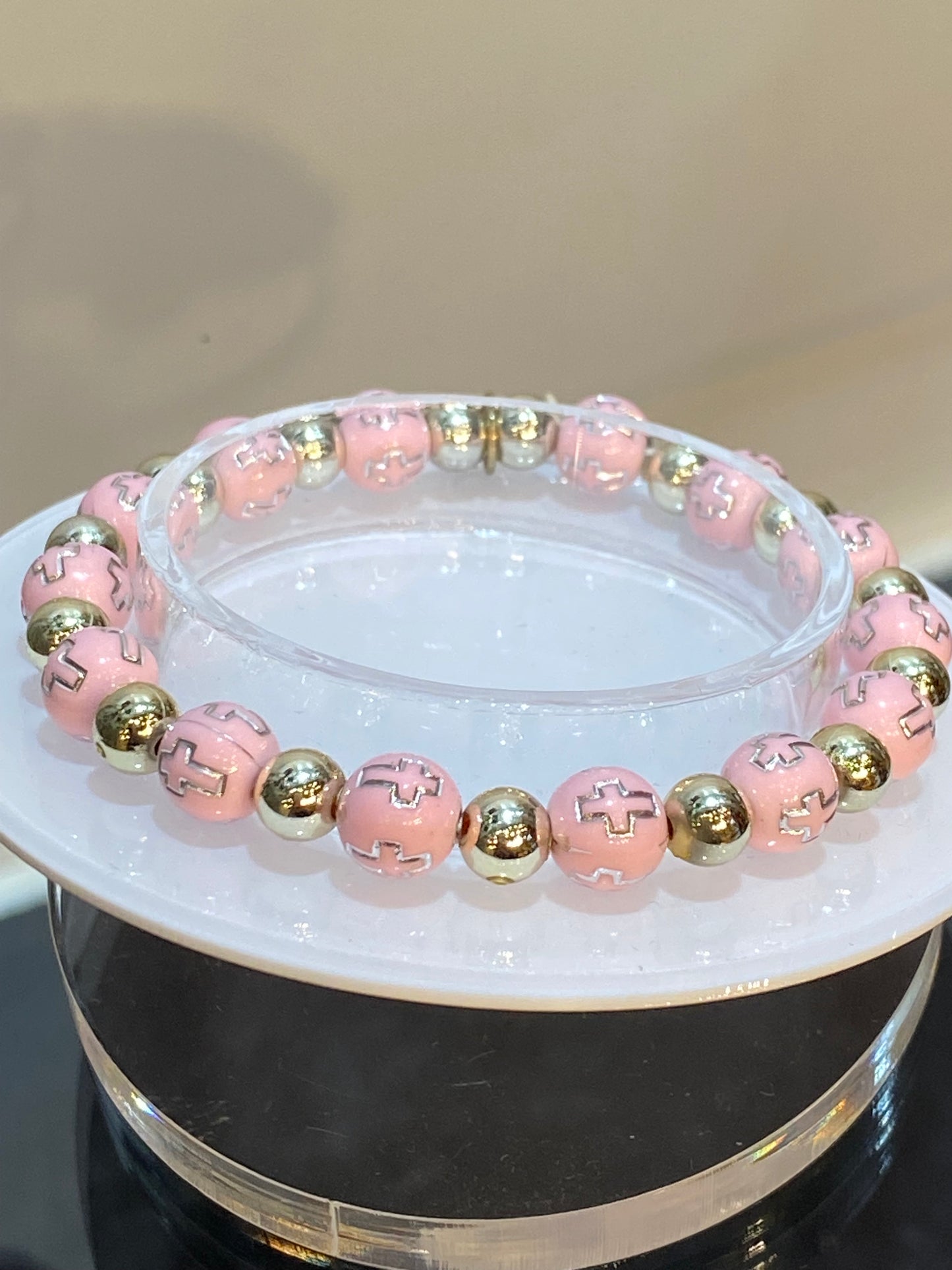 Pink and Silver Engraved Cross Beaded Stretch Bracelet With Hanging Cross Angel Wings Charm