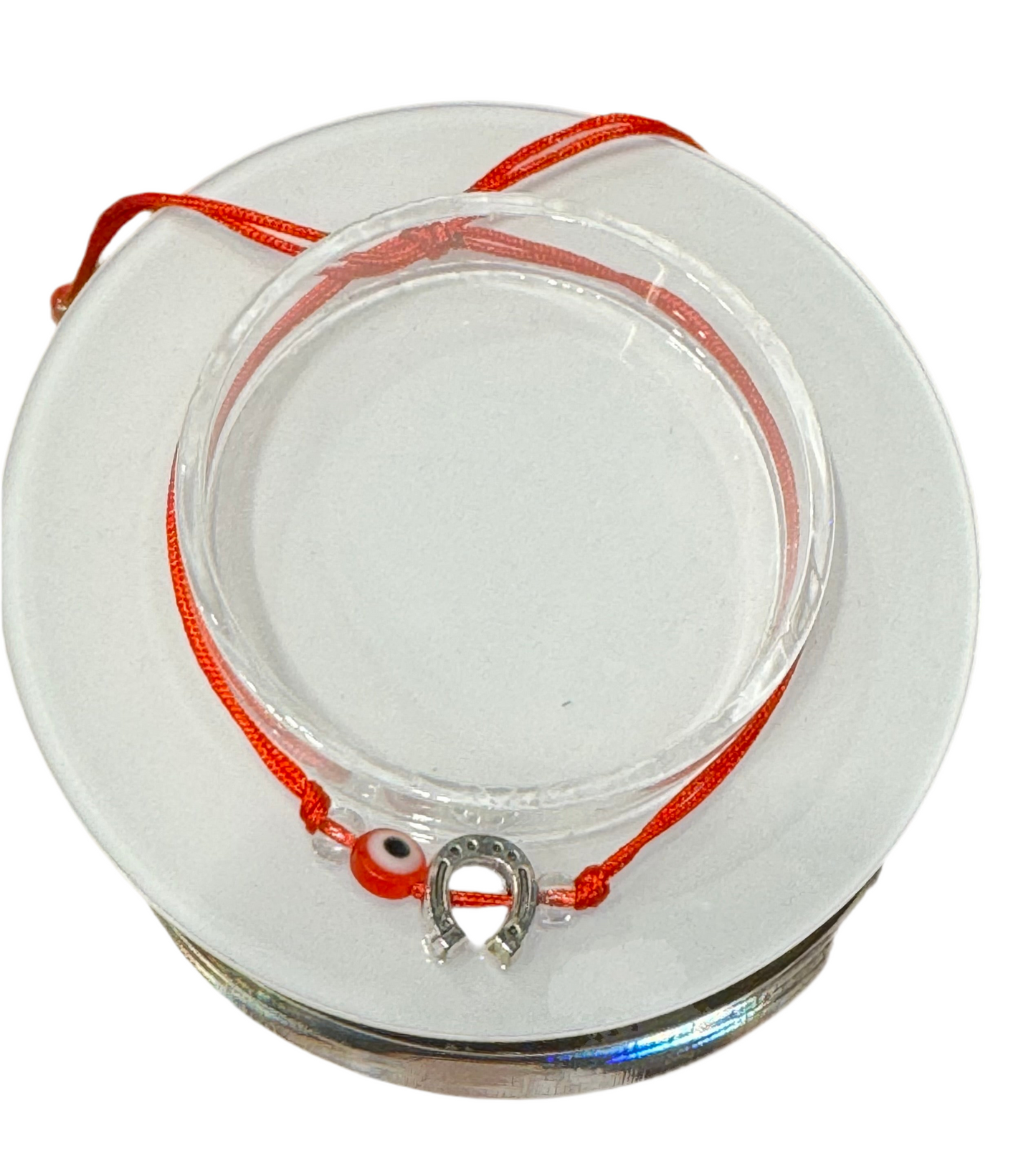 Red String Pull Tie Bracelet With Horseshoe Charm and Evil Eye Bead