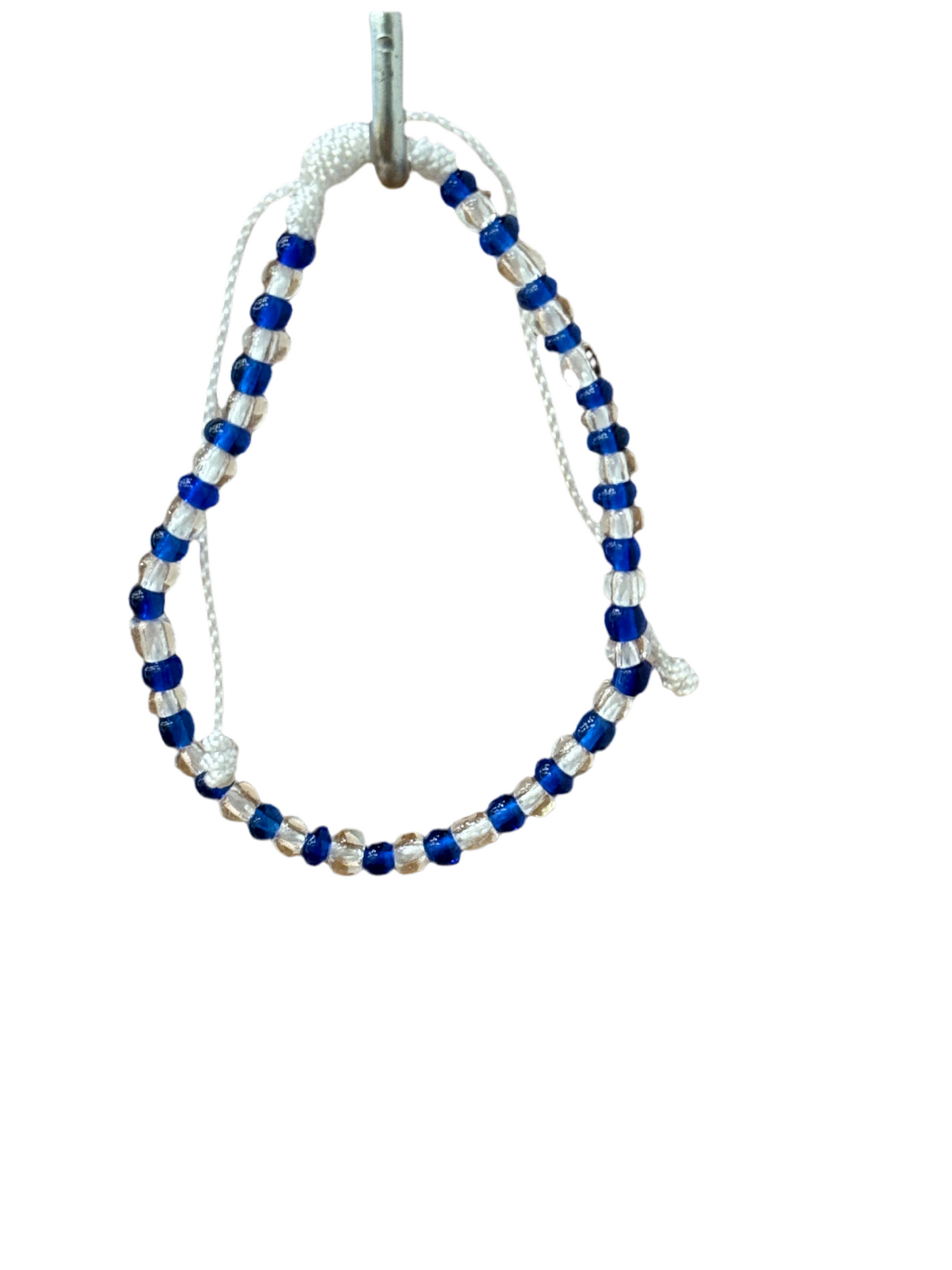 Handmade Beaded String Blue and Clear Orisha Yemaya White Pull Tie Bracelet